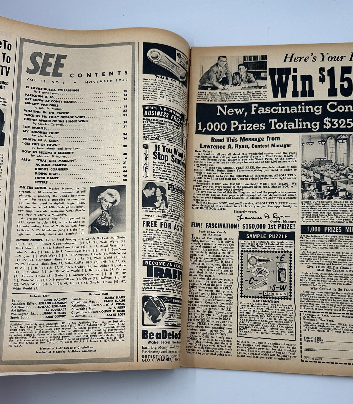 Inside page of SEE Magazine, November 1953 displaying the Table of Contents with featured articles including 'Is Soviet Russia Collapsing?' and 'How to Become a Celebrity'.