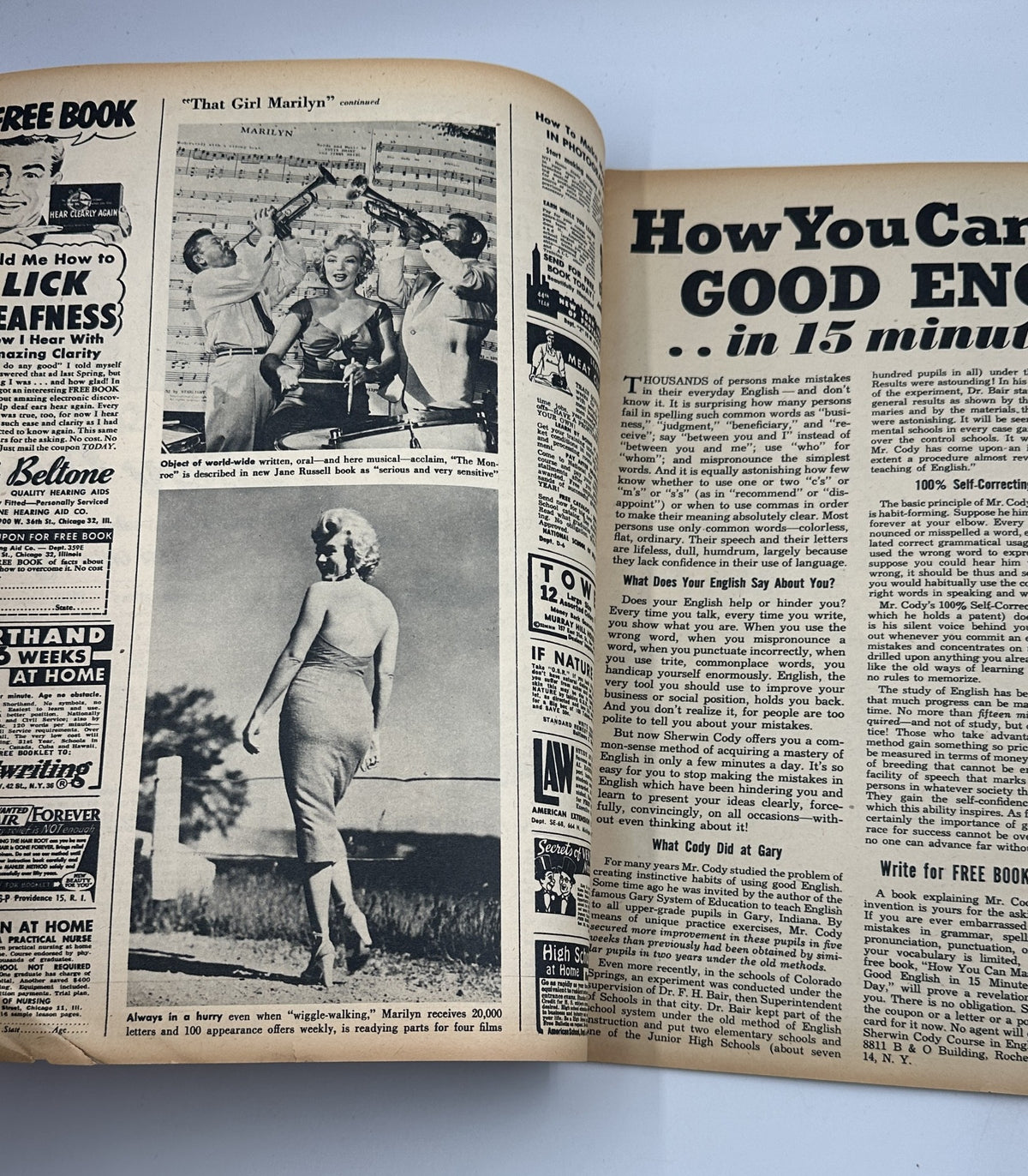Interior page featuring Marilyn Monroe, with the headline "That Girl Marilyn" from SEE Magazine November 1953, showcasing iconic images and an article about her life and career.