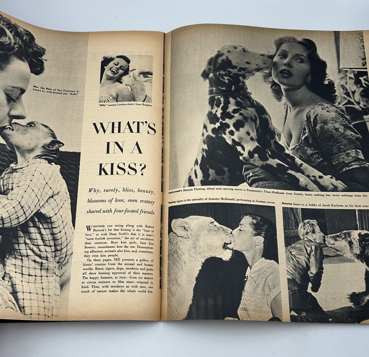 Feature article titled "What's in a Kiss?" from SEE Magazine November 1953, exploring the theme of affection and companionship illustrated with photographs.