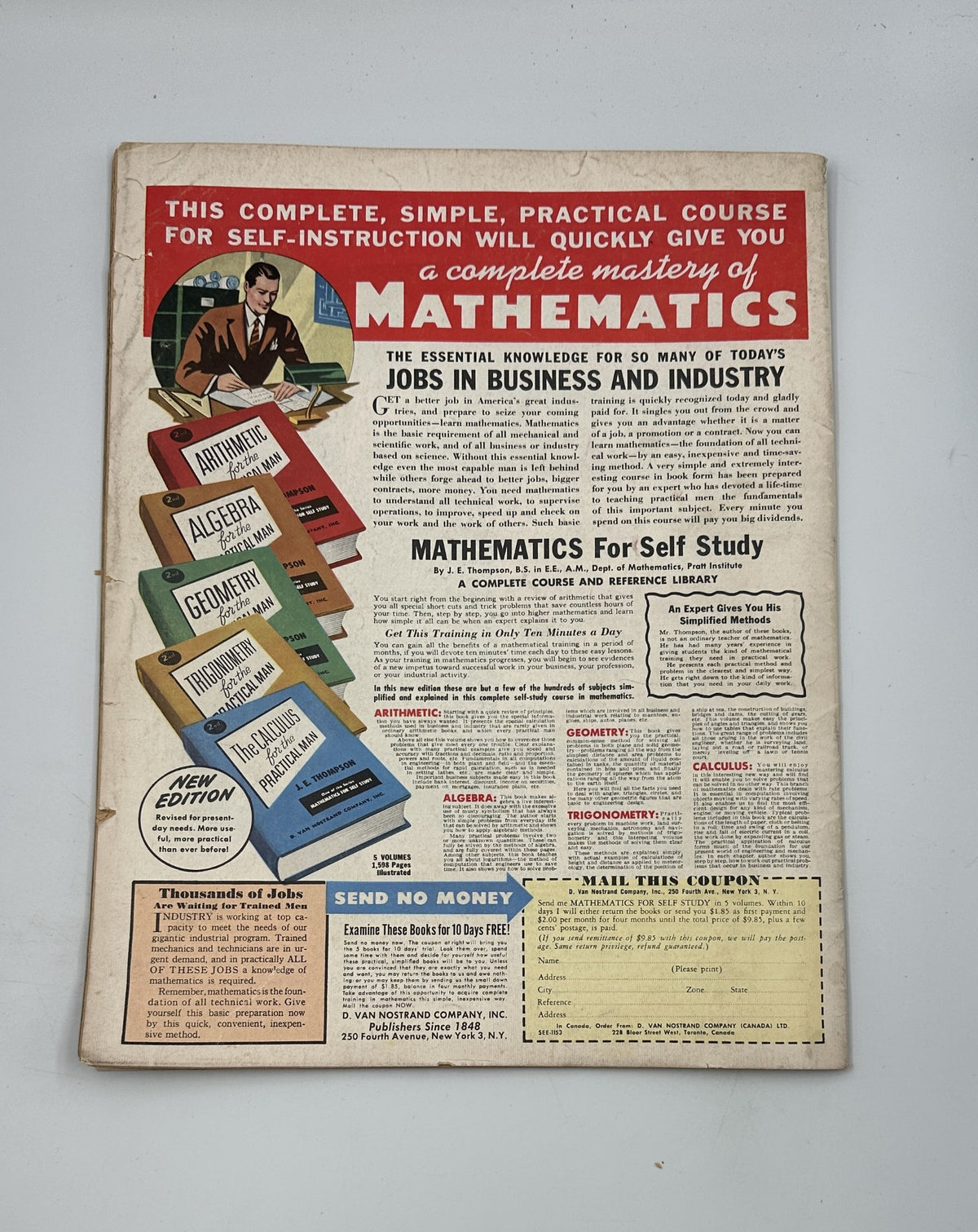 Back cover of SEE Magazine November 1953, advertising a comprehensive course in mathematics for self-study, featuring colorful illustrations and promotional text.