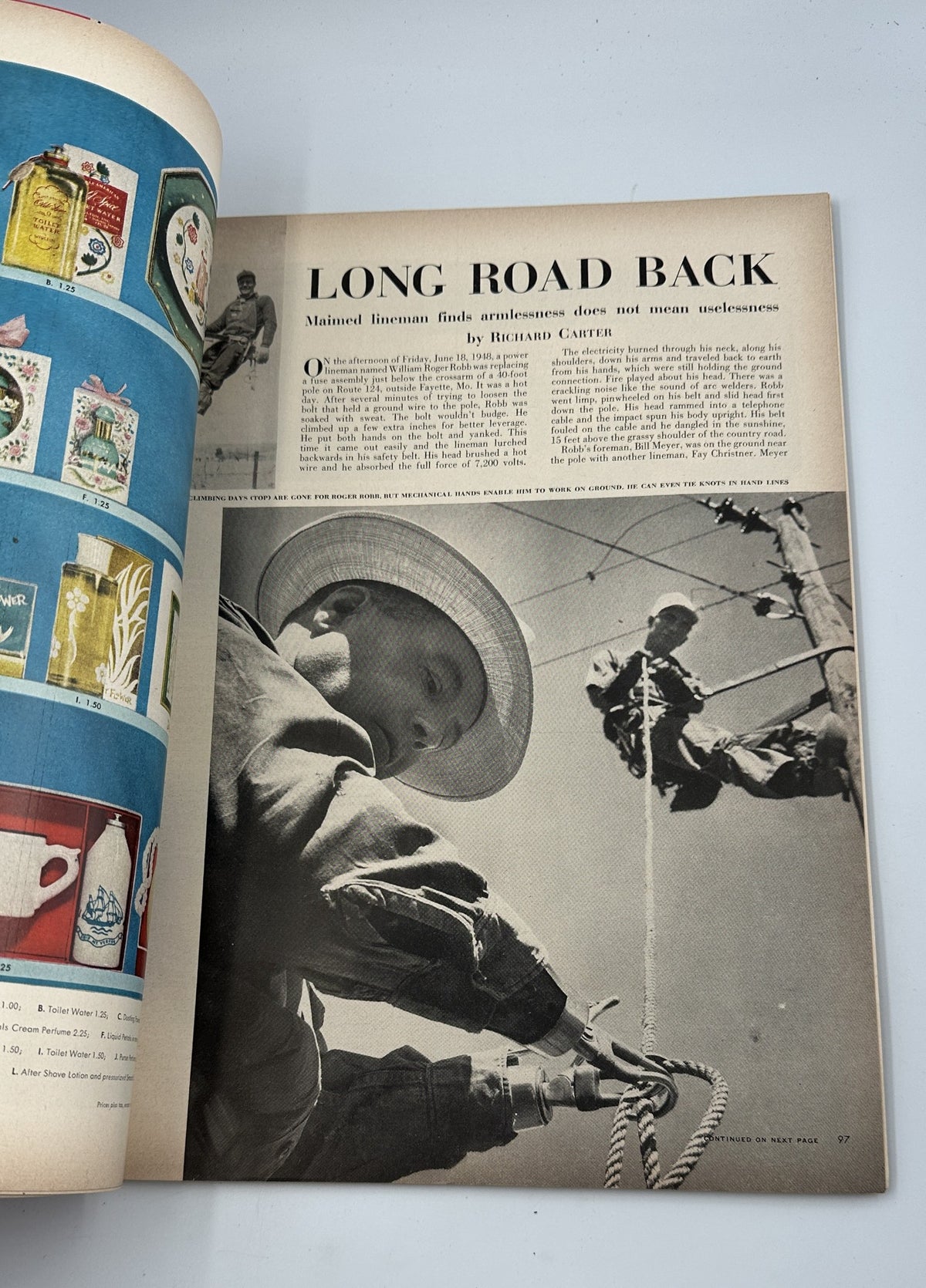 Page from Life Magazine December 7, 1953, highlighting an article 'Long Road Back,' showcasing a boy working on telephone poles with vivid photography.