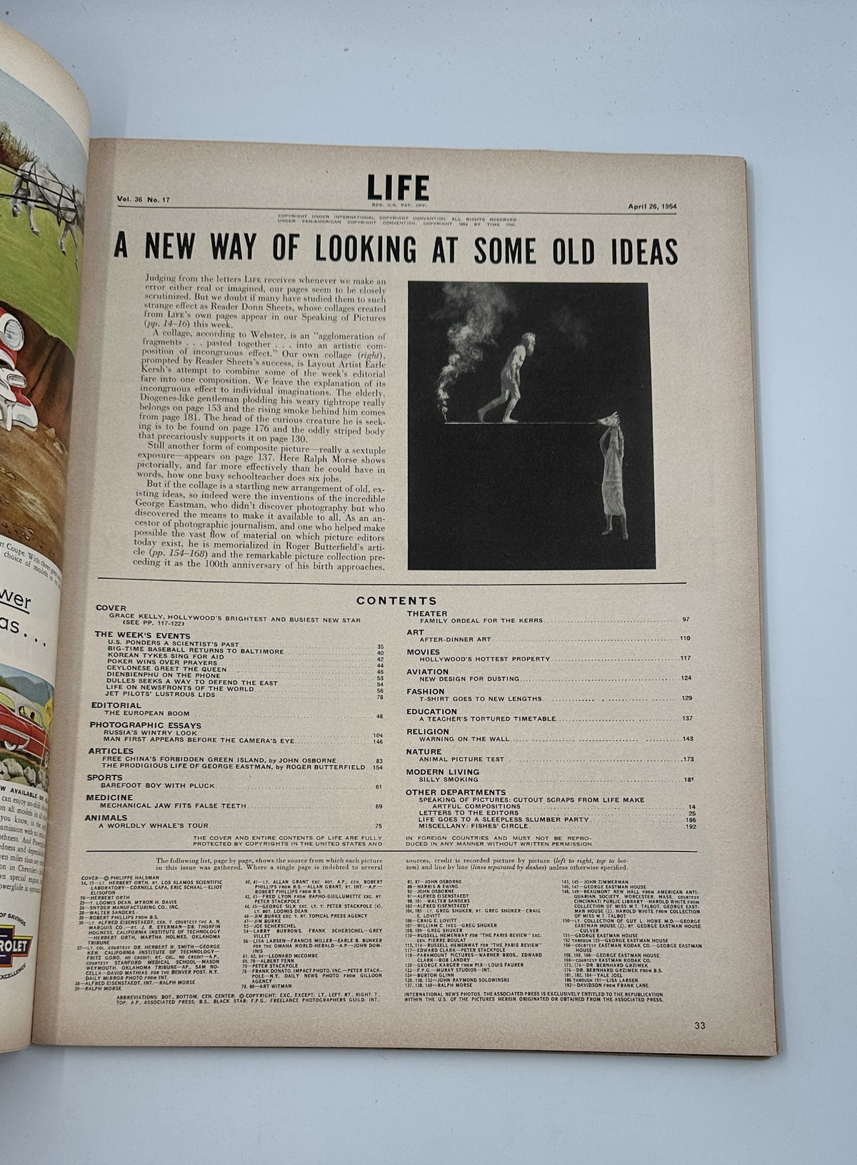 Interior page of Life Magazine April 26, 1954 displaying contents and an article titled 'A New Way of Looking at Some Old Ideas' with black and white photography.