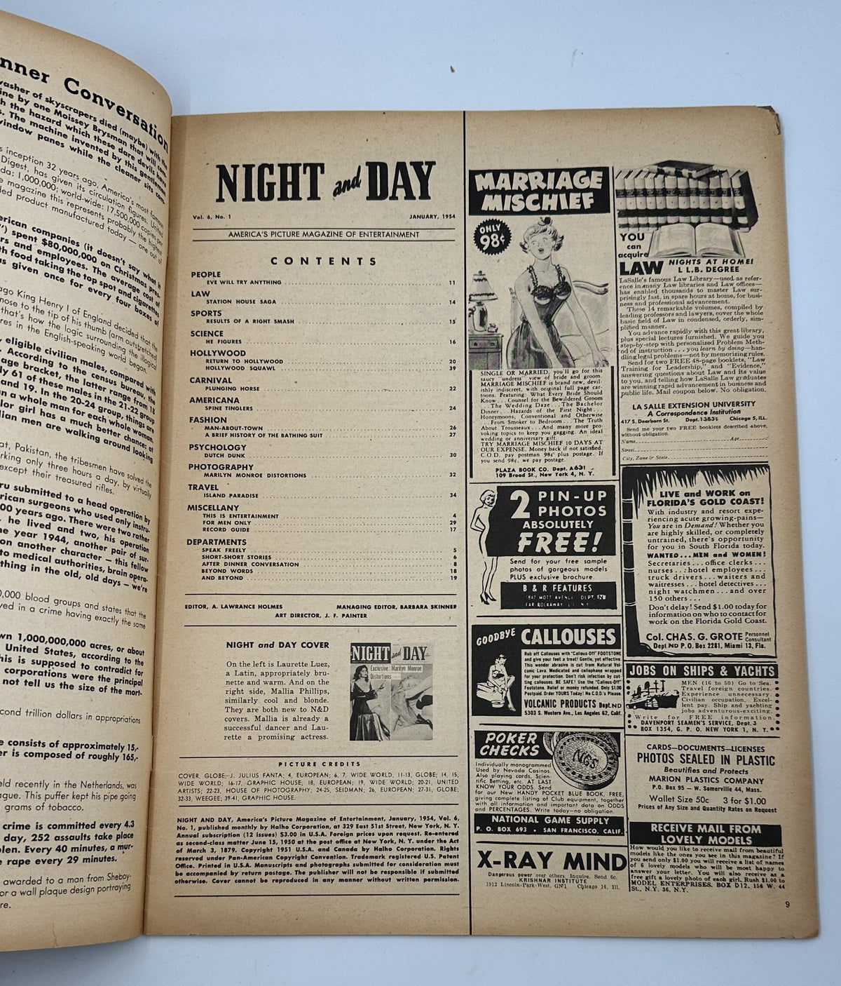 Interior page of Night and Day Magazine January 1954 displaying the table of contents. The page includes sections on People, Law, Sports, and Hollywood, setting the stage for the magazine's featured articles.