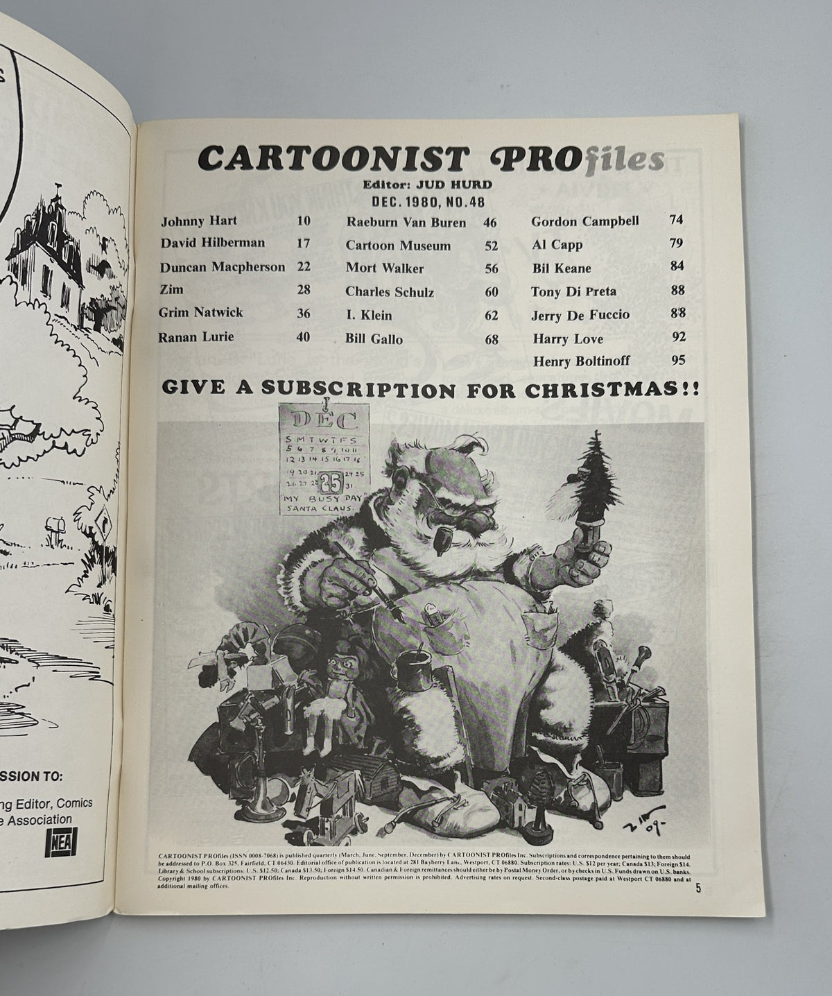 Interior page of Cartoonist Profiles Magazine December 1980 displaying the Table of Contents. Highlights include contributions from Johnny Hart, Raeburn Van Buren, and Mort Walker.