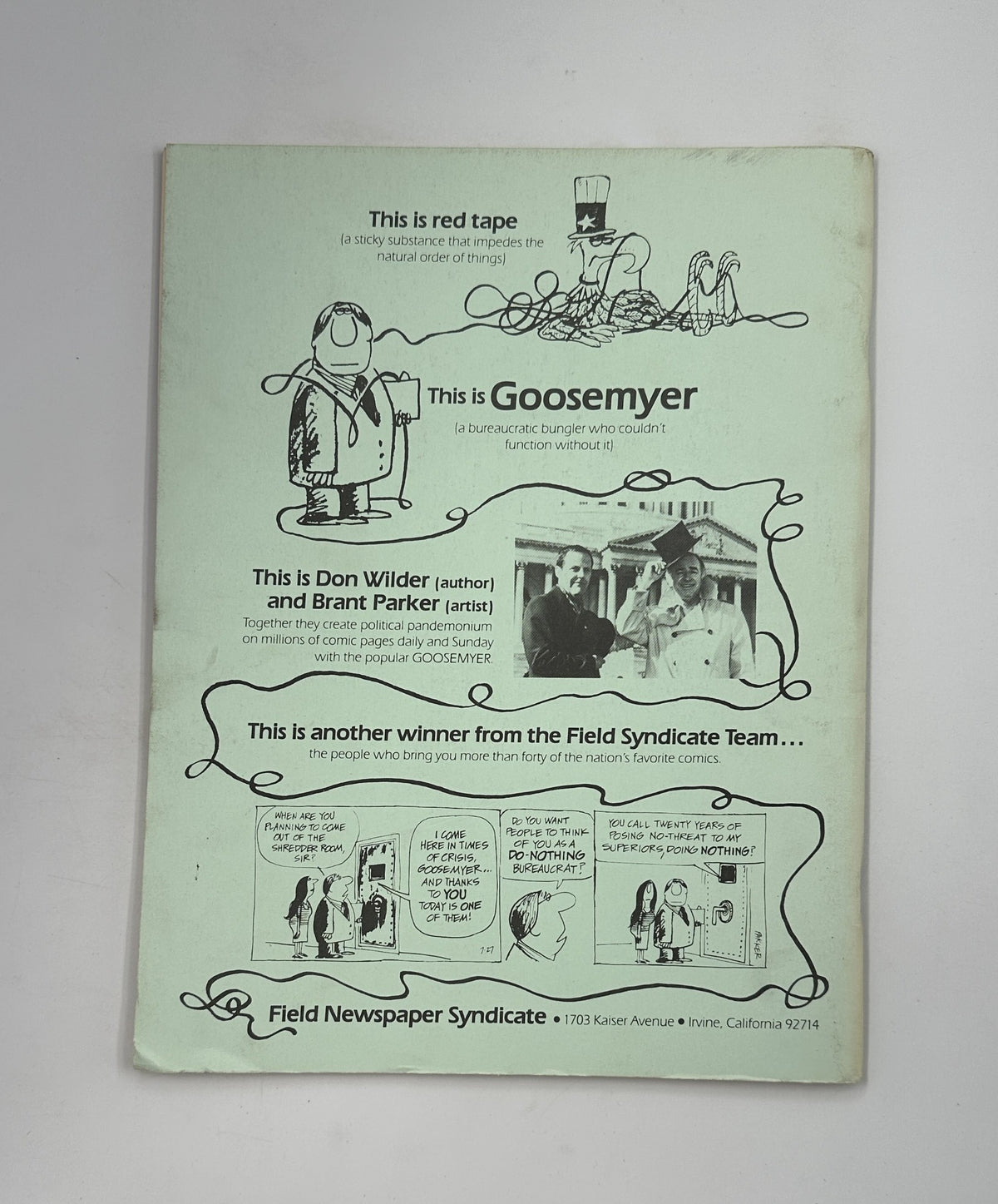Back cover of Cartoonist Profiles Magazine December 1980 featuring promotional artwork by Don Wilder and Brant Parker. The playful design highlights the work of cartoonists and advertising for the Field Newspaper Syndicate.