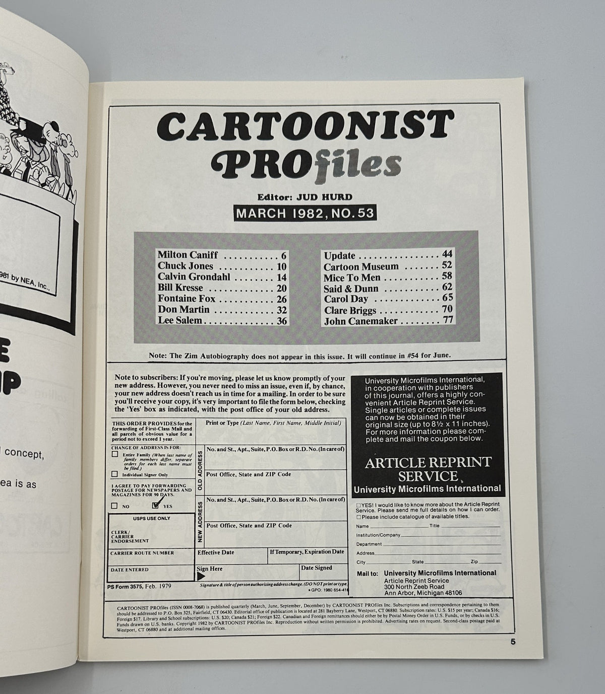 Inside page of Cartoonist Profiles Magazine March 1982 displaying the table of contents, listing features on Milton Caniff, Chuck Jones, and more.