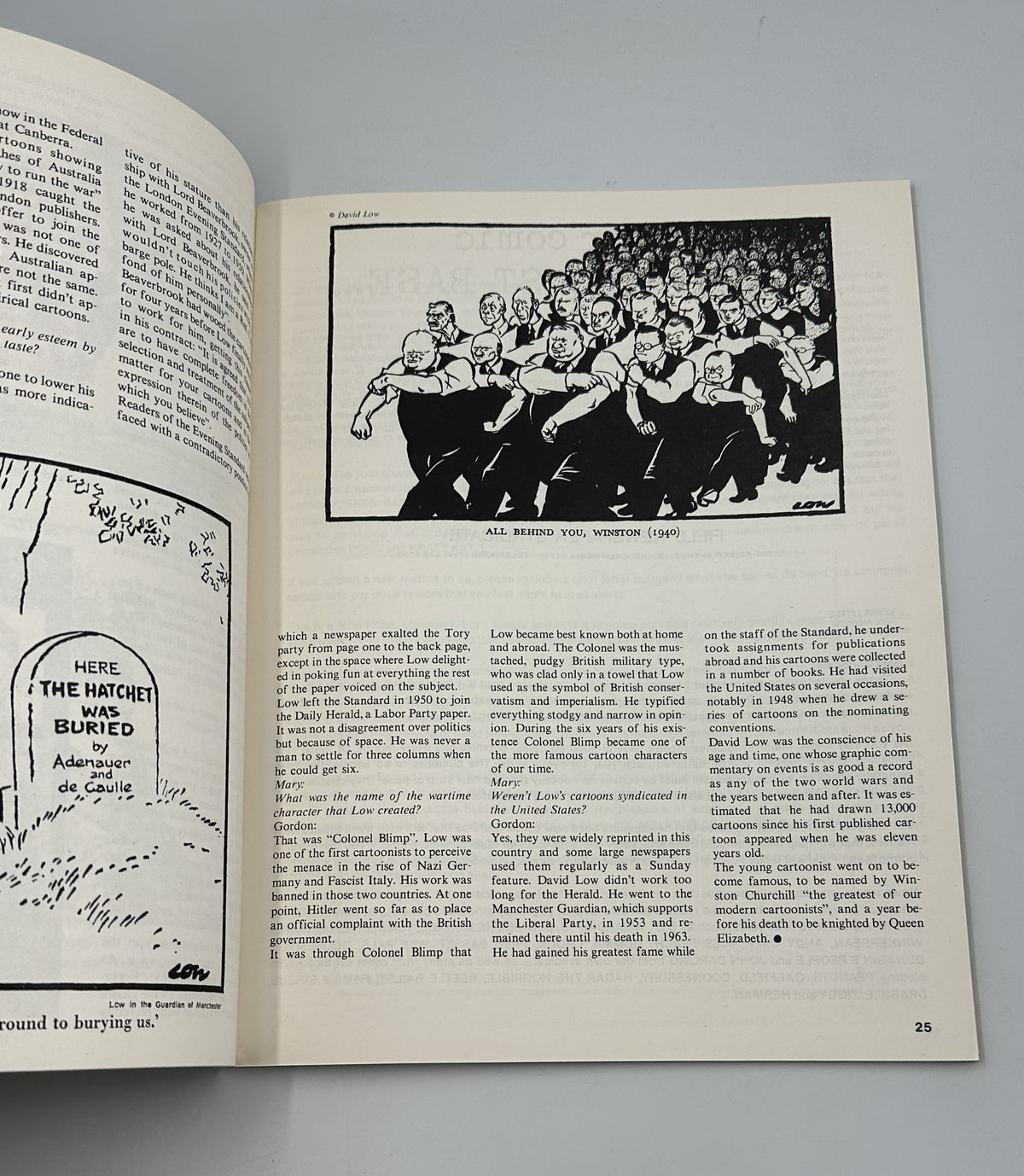 An interior page from Cartoonist Profiles Magazine June 1981 featuring a cartoon titled 'All Blinded You, Winston' by David Low, demonstrating the art and commentary present in the publication.