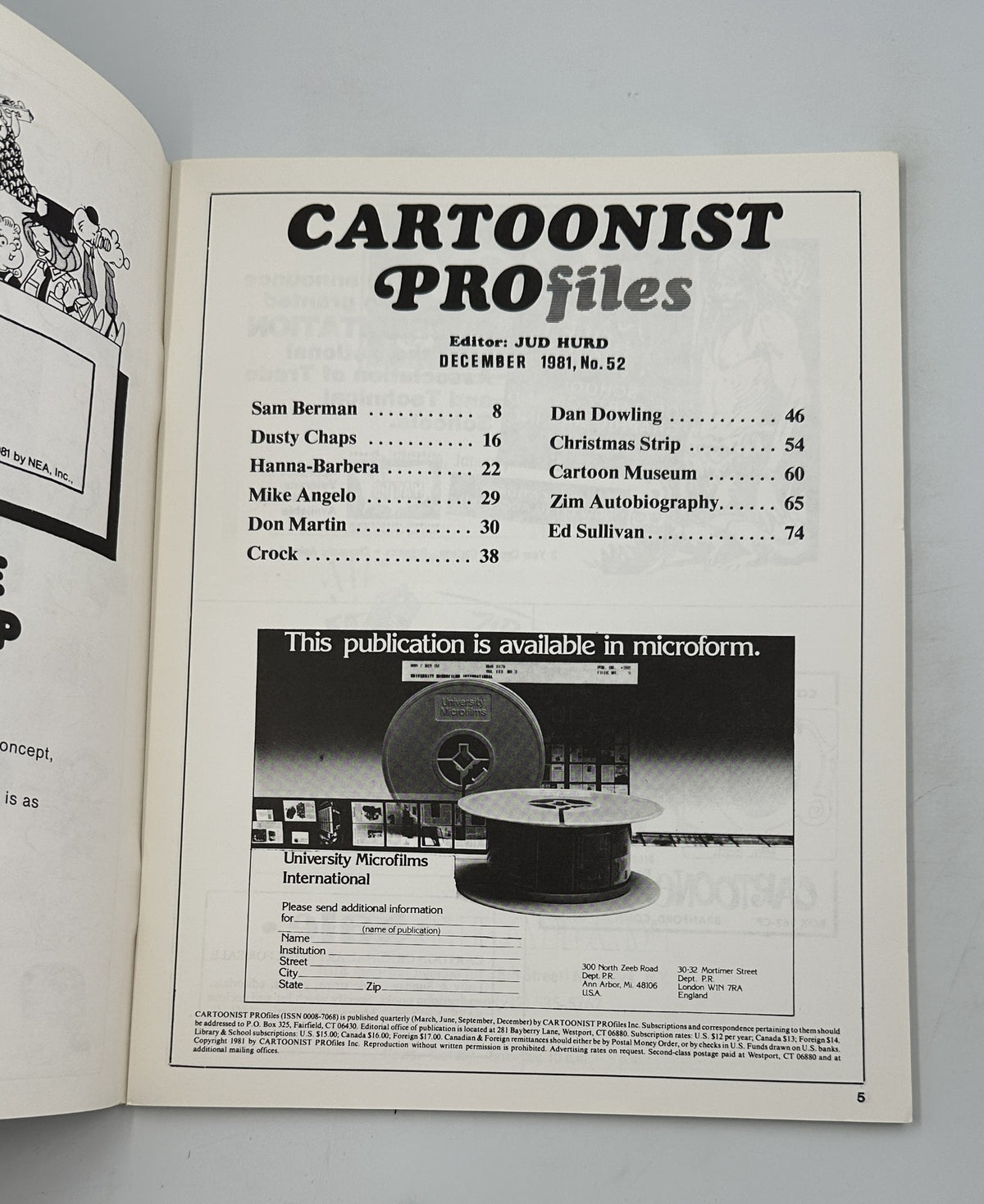 Interior page of Cartoonist Profiles Magazine December 1981 showcasing the Table of Contents, listing featured cartoonists including Sam Berman, Hanna-Barbera, and Christmas-themed content.