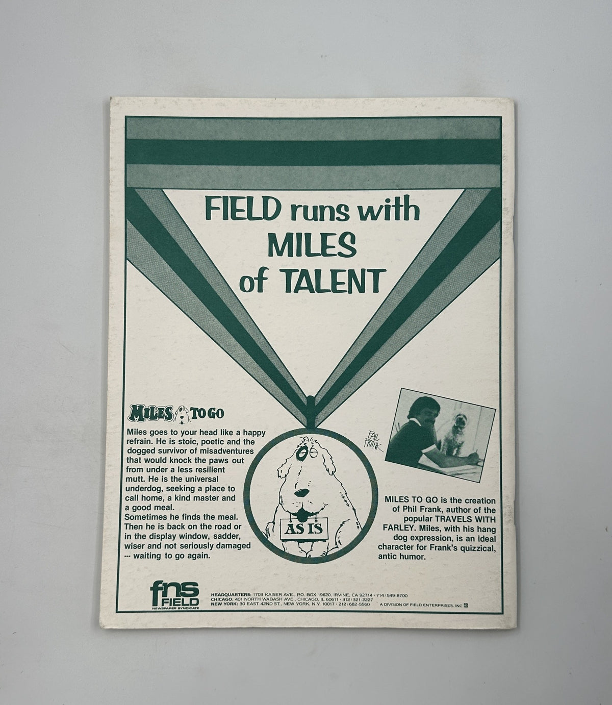 Back cover of Cartoonist Profiles Magazine December 1981 highlighting the advertisement for 'Miles to Go' featuring a distinctive design and focus on creative talent in animation.