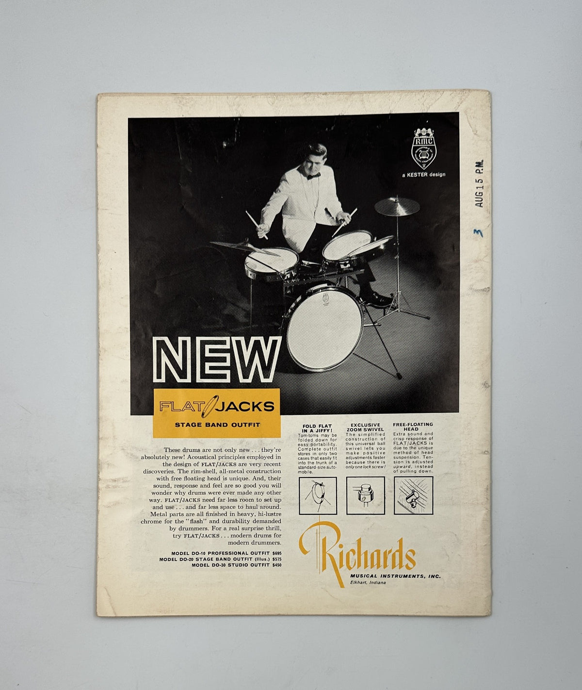 Back cover of Down Beat Magazine August 30, 1962 featuring a promotional advertisement for 'Flat Jacks' stage band outfit by Richards Musical Instruments, showcasing a drummer at the drum set.