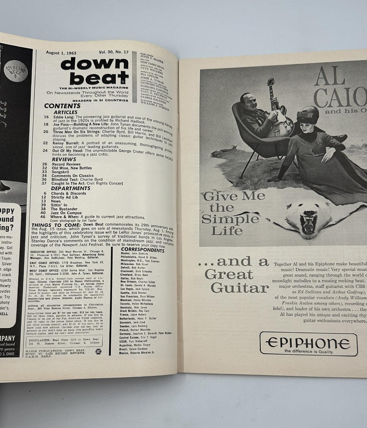 Inside page of Down Beat Magazine August 1, 1963, displaying the table of contents with articles and department listings.