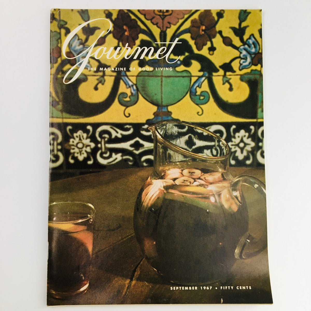 Cover of Gourmet Magazine of Good Living, September 1967, featuring a pitcher and glass, celebrating the culinary culture of New York.