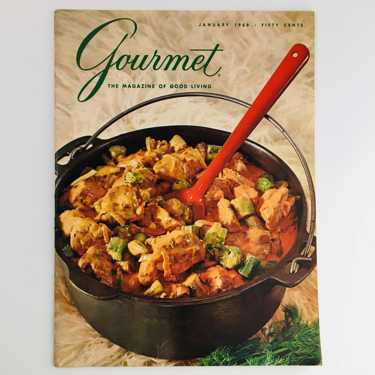 Cover of Gourmet Magazine of Good Living January 1968 featuring a delicious dish in a black pot with a red serving spoon, highlighting vintage culinary culture and Balkan cuisine.