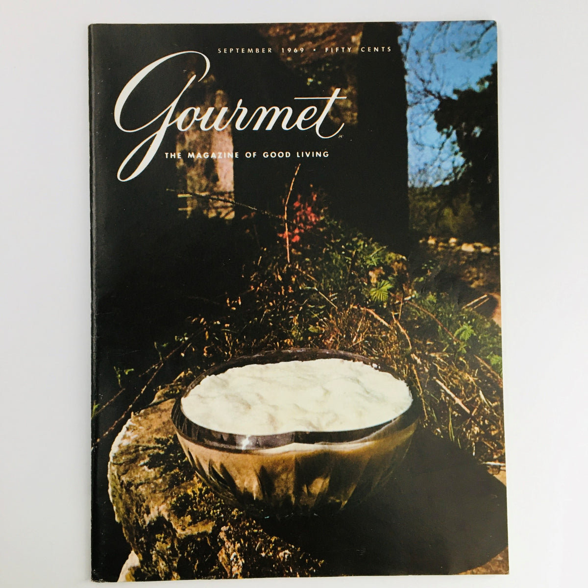 Cover of Gourmet Magazine September 1969, featuring a rustic bowl of creamy substance, highlighting Ecuadorian cuisine and cultural insights.