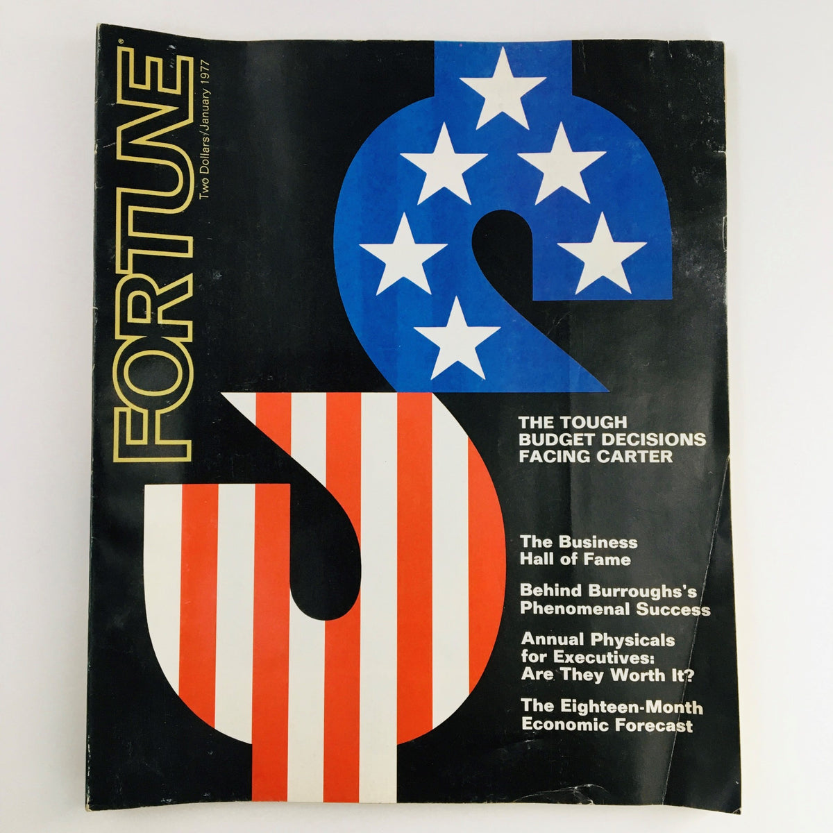 Cover of Fortune Magazine from January 1977 featuring the title 'The Tough Budget Decisions Facing Carter' with a prominent dollar sign design in red, white, and blue, capturing a historical moment in U.S. economic policy.