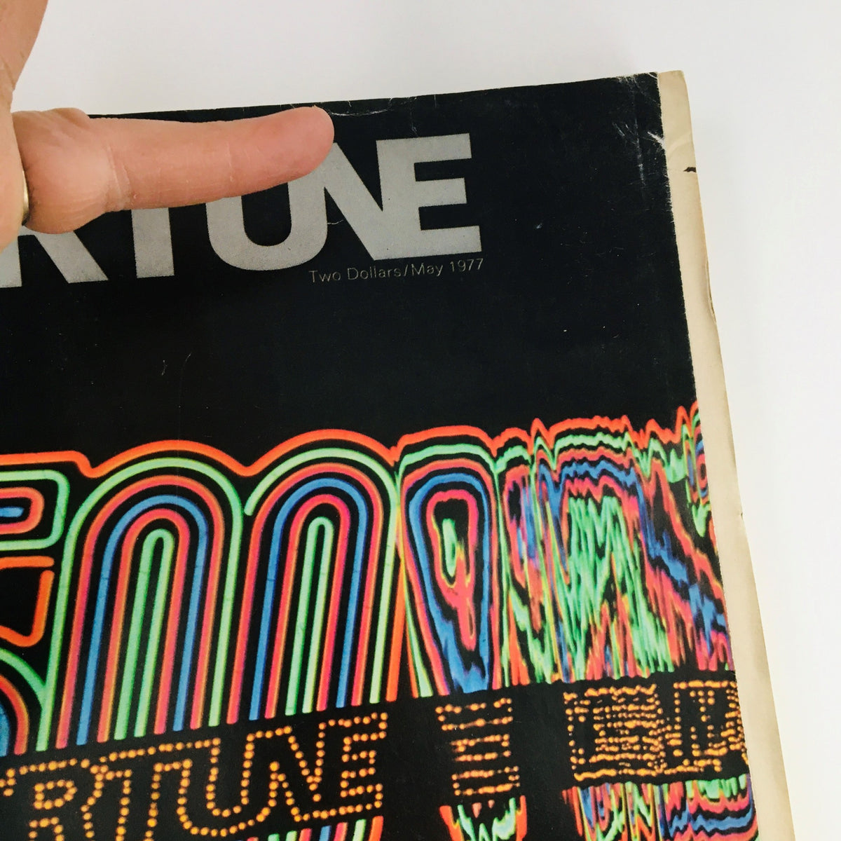 Cover of Fortune Magazine May 1977 featuring vibrant graphics and the title 'FORTUNE' prominently displayed, showcasing insights on the largest U.S. industrial corporations.