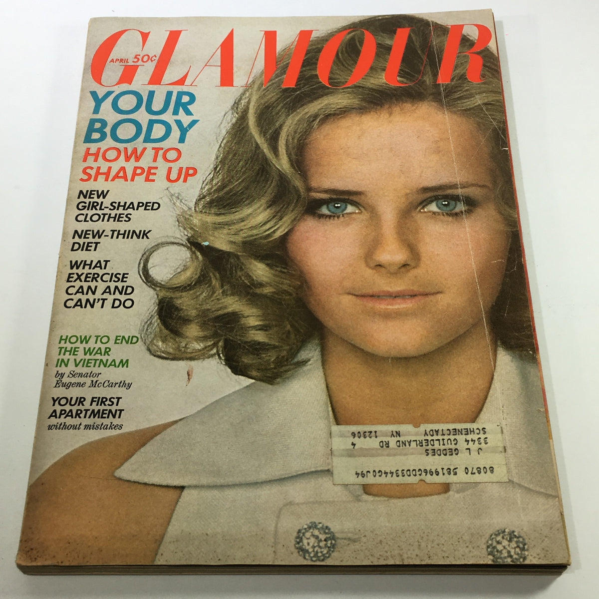 Vintage Glamour Magazine cover from April 1968 featuring Cheryl Tiegs, showcasing fashion trends and cultural elements of the 1960s.