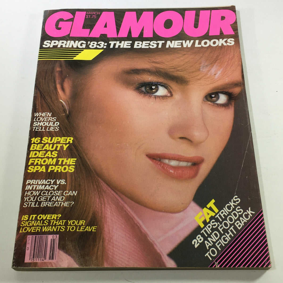 Vintage Glamour Magazine from March 1983 featuring Jacki Adams on the cover, showcasing fashion trends and beauty tips of the era.