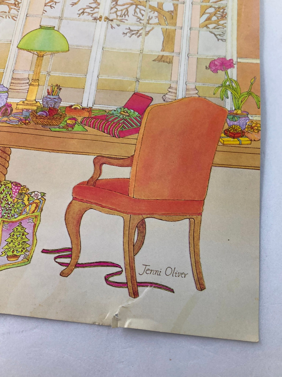 Close-up view of The New Yorker cover only from December 22, 1980, highlighting the chair and ornate details by artist Jenni Oliver, showcasing the charm of vintage holiday illustrations.