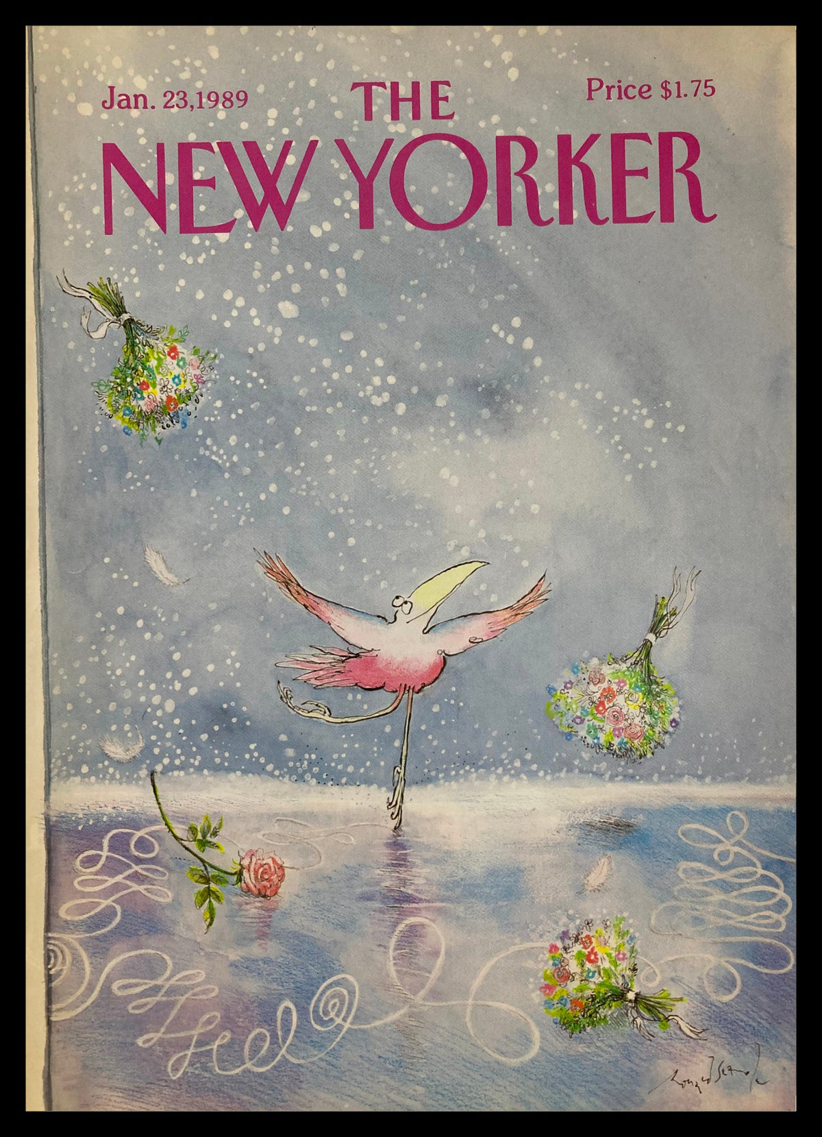 Cover of The New Yorker January 23, 1989 featuring a whimsical flamingo illustration by Ronald Searle, surrounded by flowers and snowflakes.