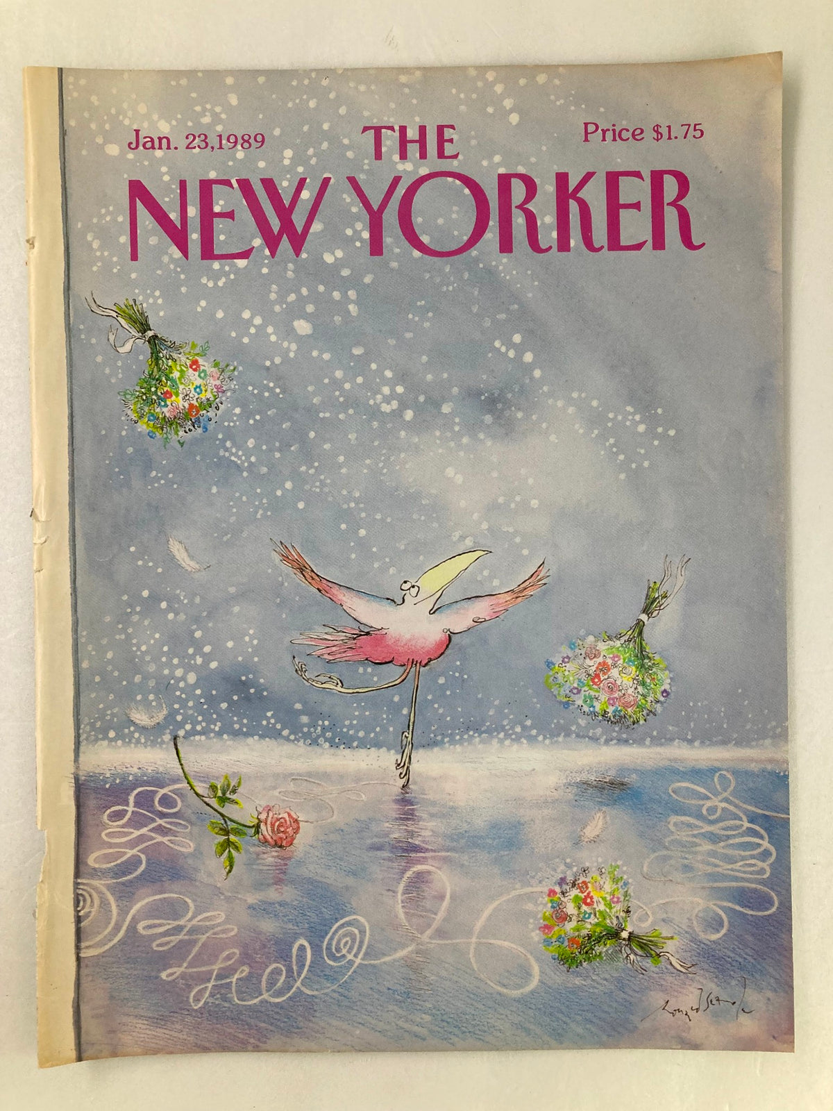 Vintage cover of The New Yorker from January 23, 1989, showcasing a playful flamingo and floral bouquets, created by artist Ronald Searle.