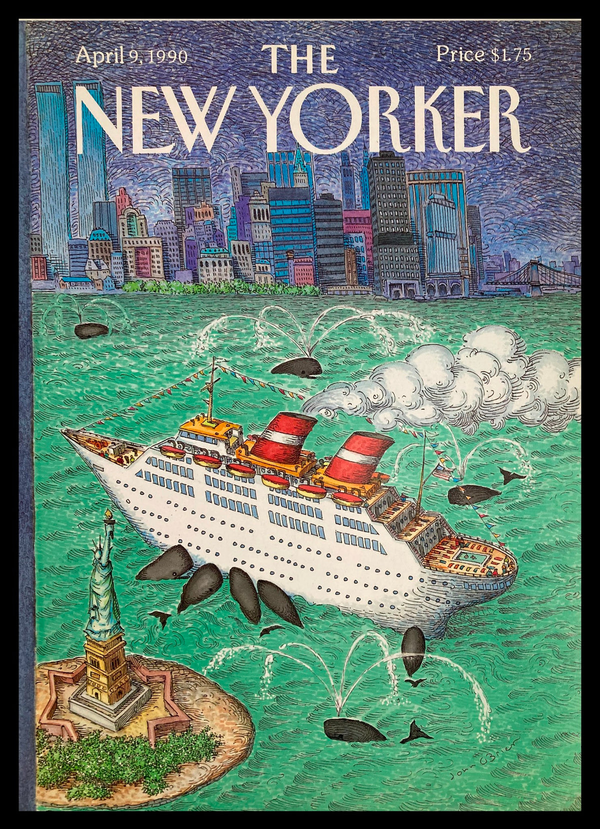 Vintage magazine cover from The New Yorker April 9, 1990, featuring a City Cruise illustration by John O'Brien. The cover depicts a vibrant scene with the Statue of Liberty, a large cruise ship, and whales in the water, showcasing the artistic essence of city life.