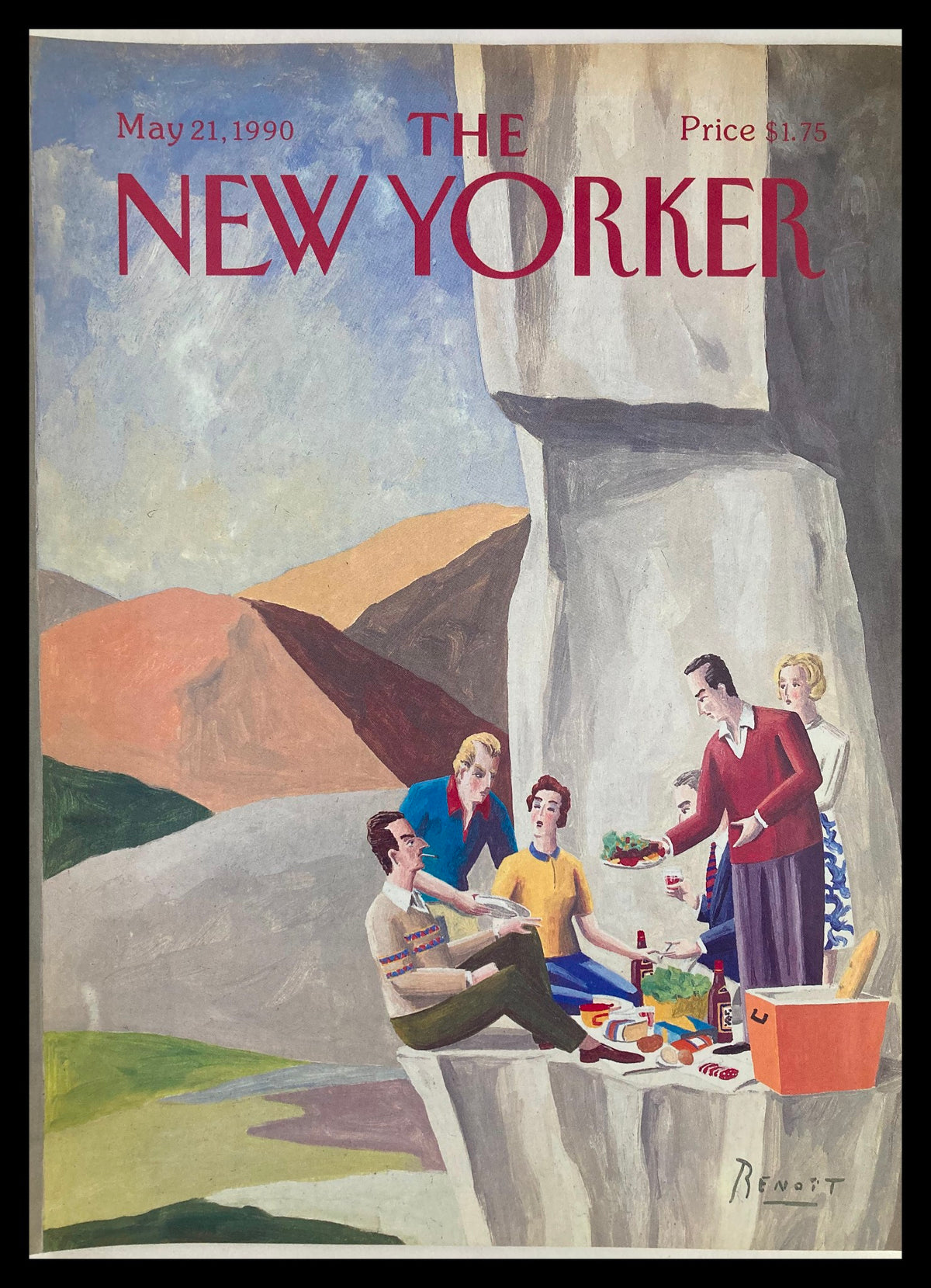 The New Yorker May 21 1990 Wine Picnic cover illustrated by Benoit van Innis featuring a group of people enjoying a picnic scene in a serene outdoor setting with a mountainous backdrop.