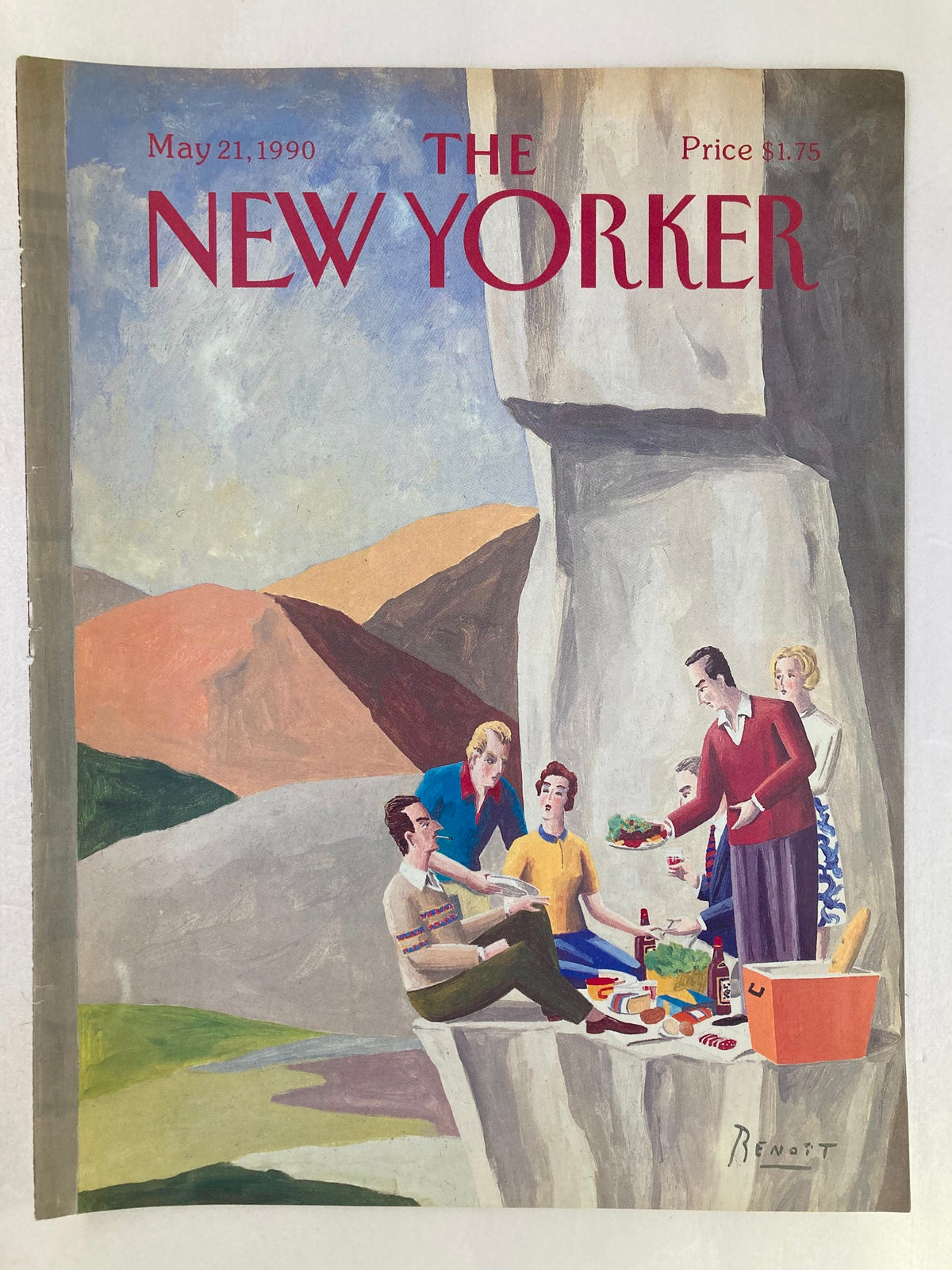 Cover of The New Yorker from May 21 1990 titled Wine Picnic by Benoit van Innis, showcasing a vibrant picnic scene with friends surrounded by food and drink in a picturesque landscape.