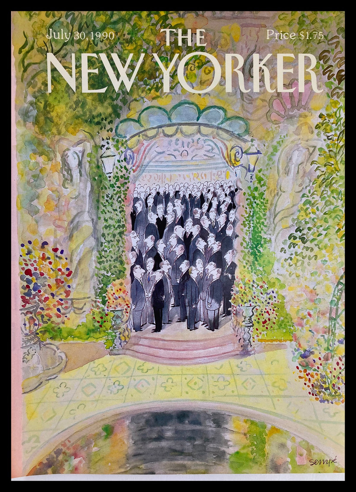 COVER ONLY The New Yorker July 30 1990 A Business Meeting by J.J. Sempe, featuring a whimsical illustration of a group of businessmen gathered at an entrance surrounded by lush greenery and vibrant flowers.