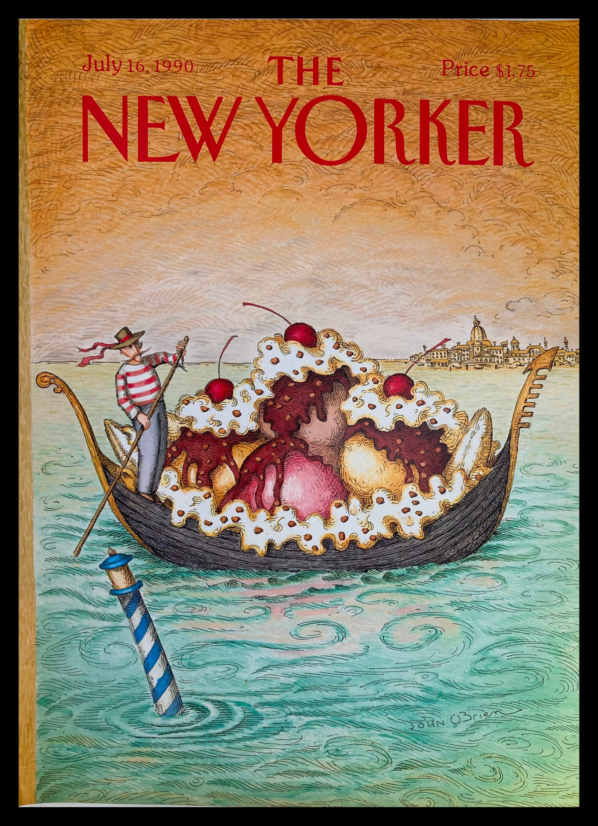 Cover only The New Yorker July 16 1990 featuring the whimsical artwork 'Sundae Boat' by John O'Brien, depicting a gondolier on a boat made of ice cream with cherries on top, capturing a charming summer scene.