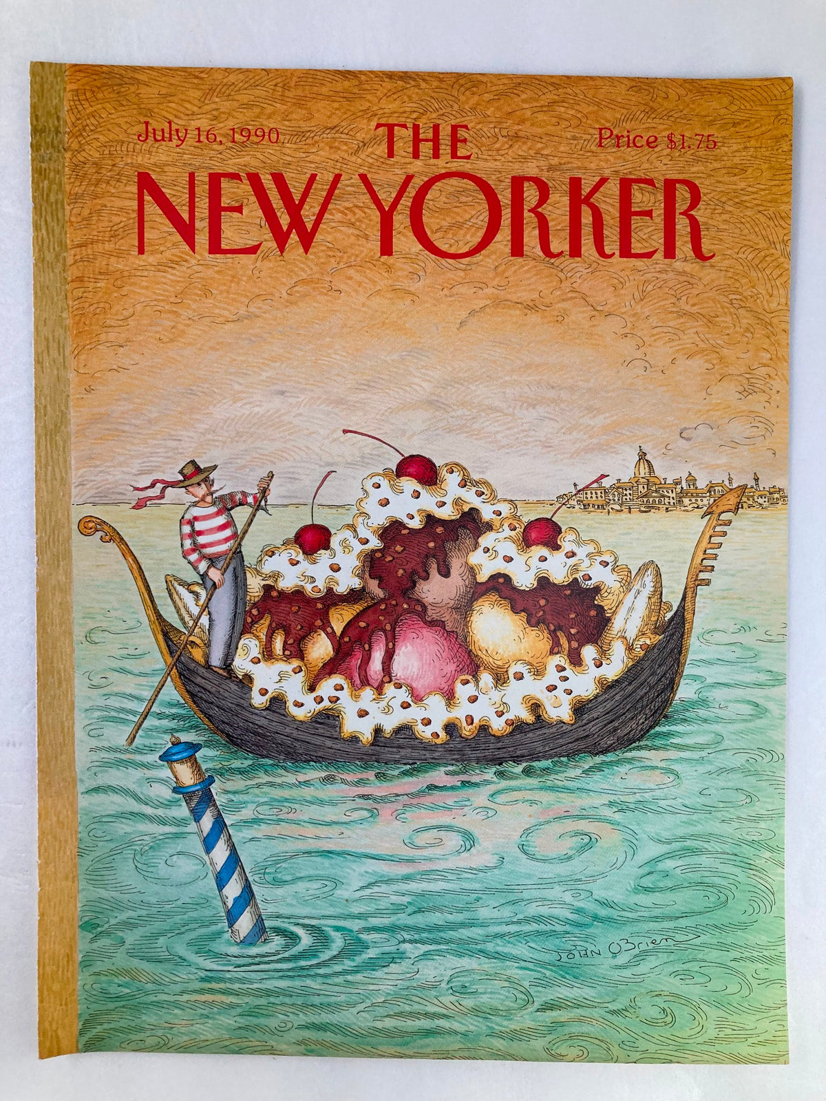 Cover only The New Yorker July 16 1990 showcasing 'Sundae Boat' by John O'Brien, highlighting a colorful illustration of a gondola filled with ice cream in a scenic waterfront setting.