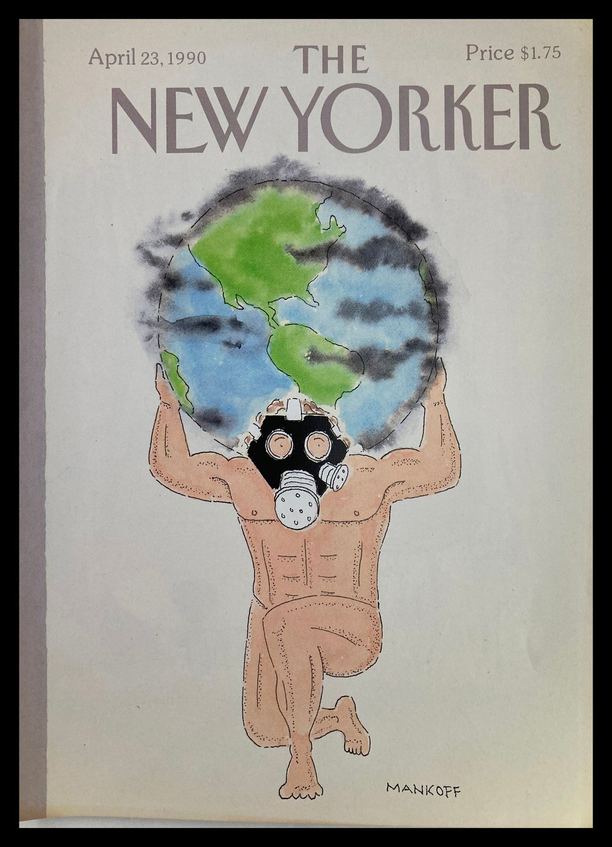COVER ONLY The New Yorker April 23 1990 Earth Man by Robert Mankoff, featuring a muscular figure with a gas mask holding the Earth, showcasing a whimsical illustration with vibrant colors.