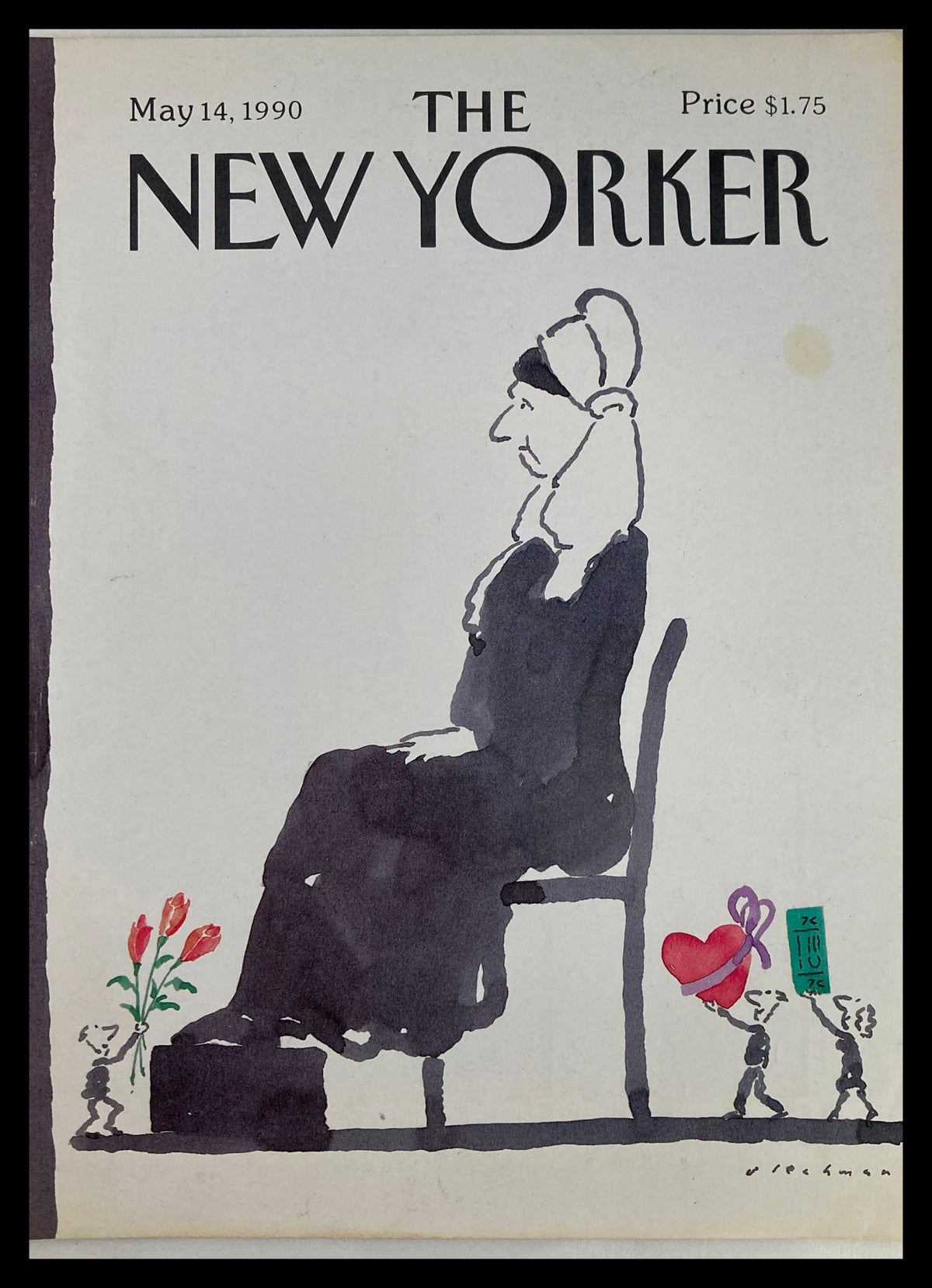 The New Yorker May 14 1990 Mother's Day cover by R.O. Blechman featuring a seated woman, with vibrant flower and heart illustrations by children.