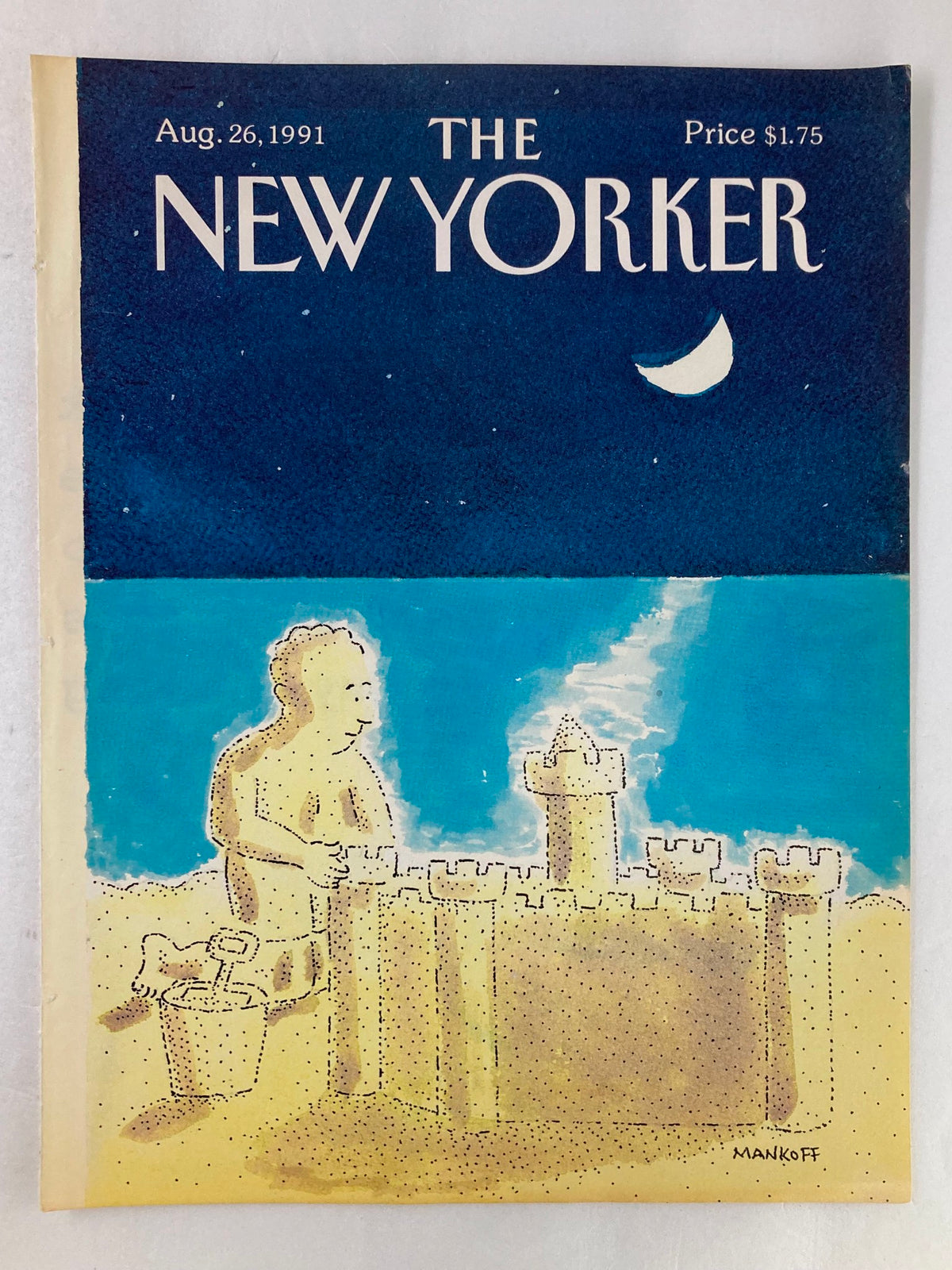 The New Yorker August 26 1991 cover highlighting a playful sand castle scene created by Robert Mankoff, depicting a young figure crafting a sandcastle by the sea with a moonlit sky.