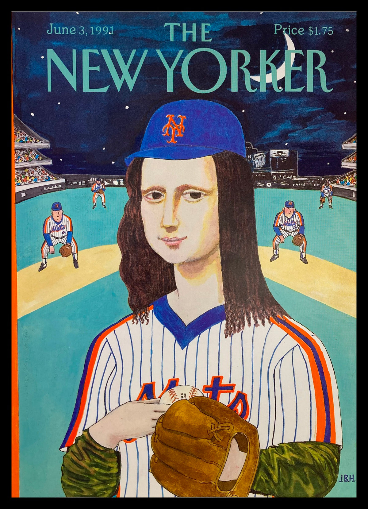 Cover only The New Yorker June 3 1991 Monalisa Mets by J.B. Handelsman, featuring an illustrated female figure resembling the Mona Lisa wearing a Mets cap and baseball attire, set in a nighttime baseball scene with players in the background.