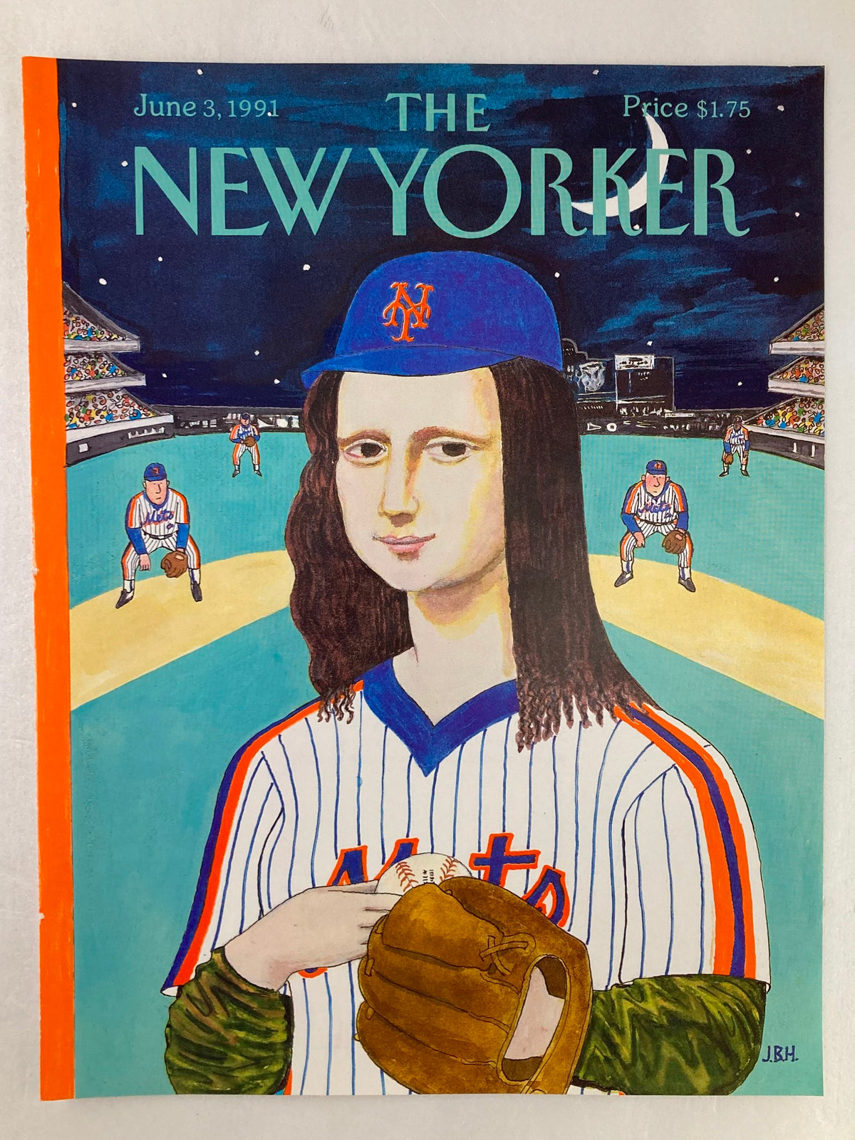 Cover only The New Yorker June 3 1991 Monalisa Mets by J.B. Handelsman, depicting a female character styled after the Mona Lisa in a New York Mets baseball uniform, holding a baseball, with a night stadium backdrop.