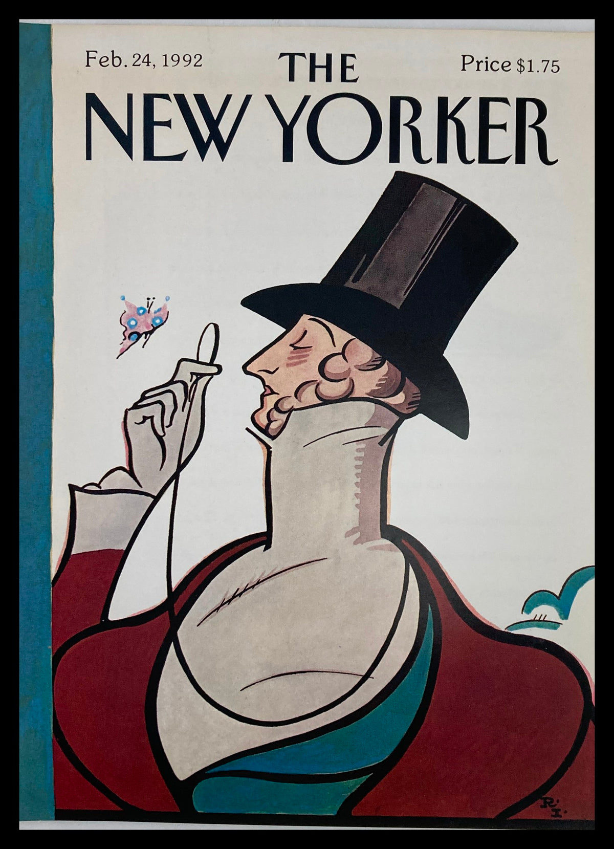 Cover only from The New Yorker dated February 24, 1992, featuring 'Gamemaster Tilley' illustration by Levin, showcasing a sophisticated figure in a top hat with vibrant colors.