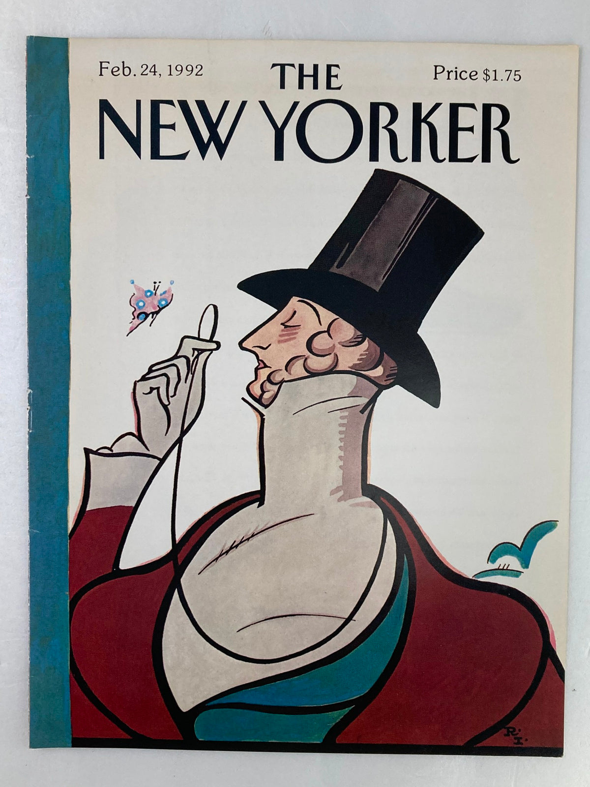 Front view of The New Yorker cover from February 24, 1992, titled 'Gamemaster Tilley' by Levin, highlighting a stylish character in a top hat surrounded by whimsical illustrations.