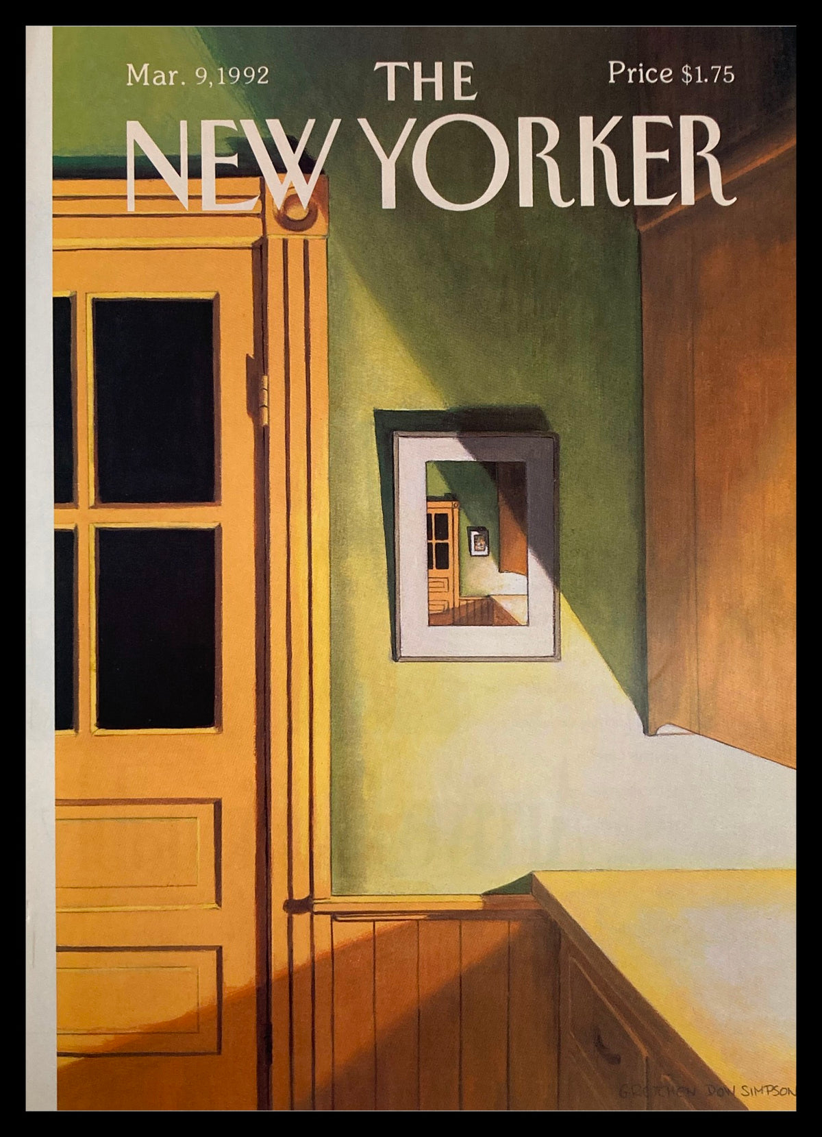 Cover of The New Yorker March 9, 1992 titled 'Walls' by Gretchen Dow Simpson featuring a vibrant interior scene with a yellow door and reflective mirror.