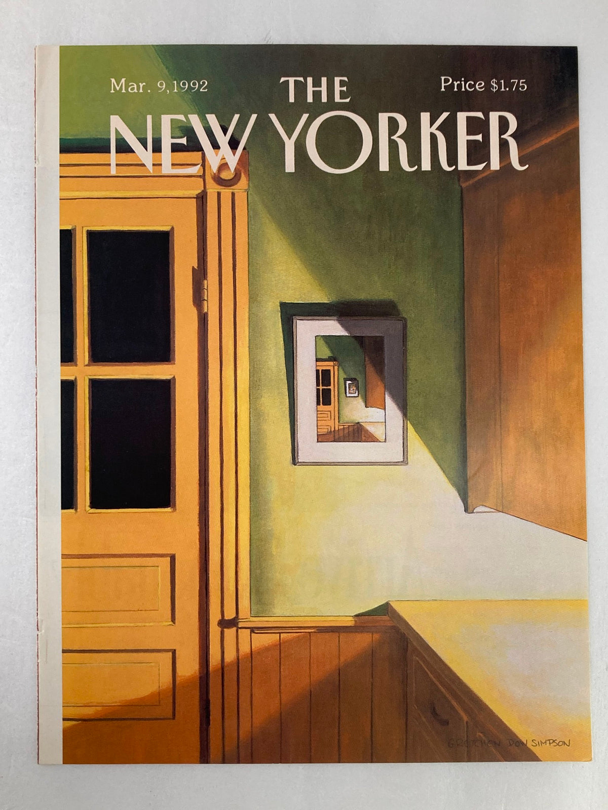 Cover of The New Yorker March 9, 1992 titled 'Walls' by Gretchen Dow Simpson showcasing an artistic depiction of a room's interior with a focus on a yellow door and a mirrored reflection.