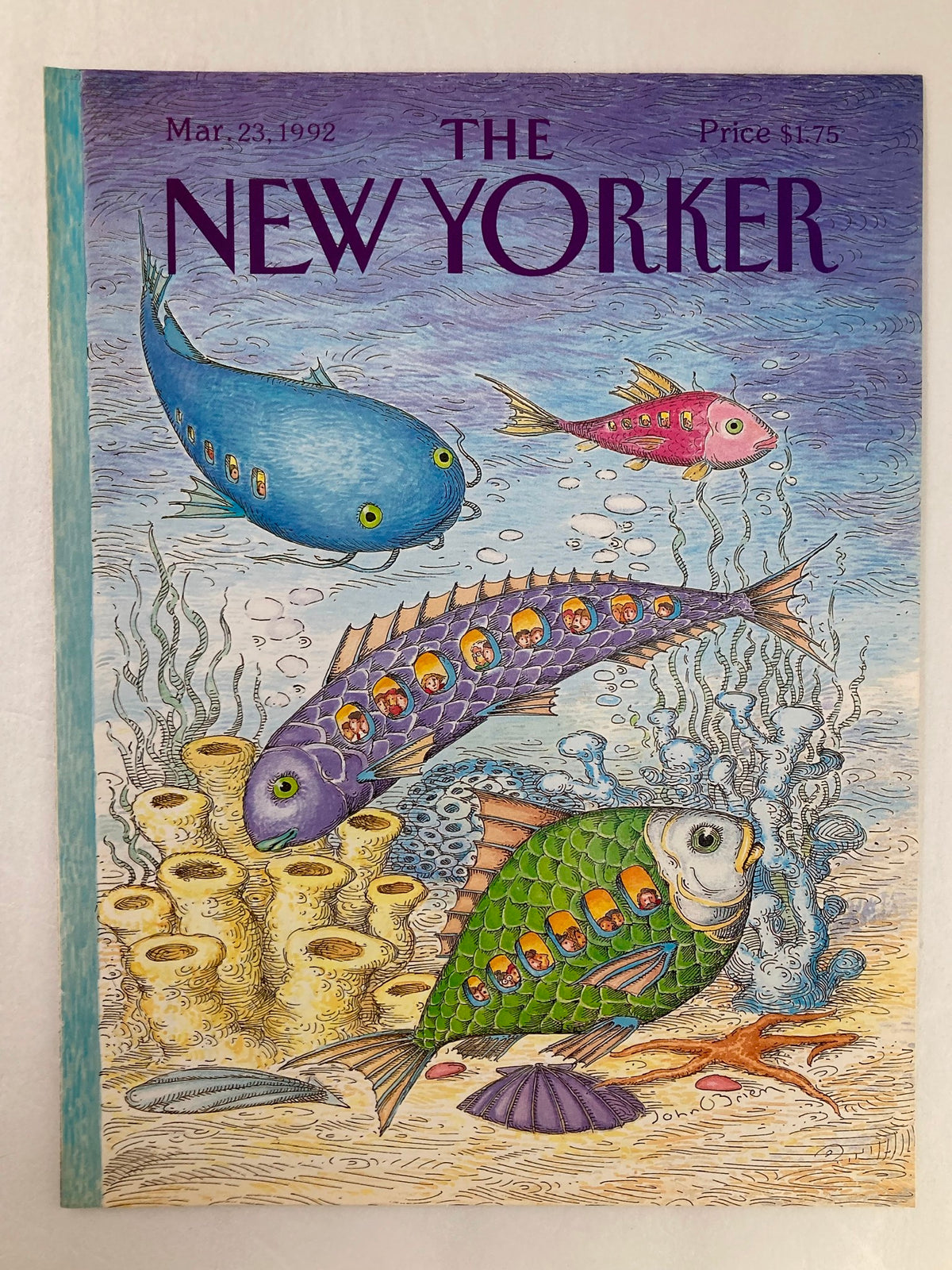 The New Yorker March 23 1992 Ocean Reef cover showcasing whimsical fish designs and underwater scenery, created by John O'Brien, perfect for art enthusiasts.