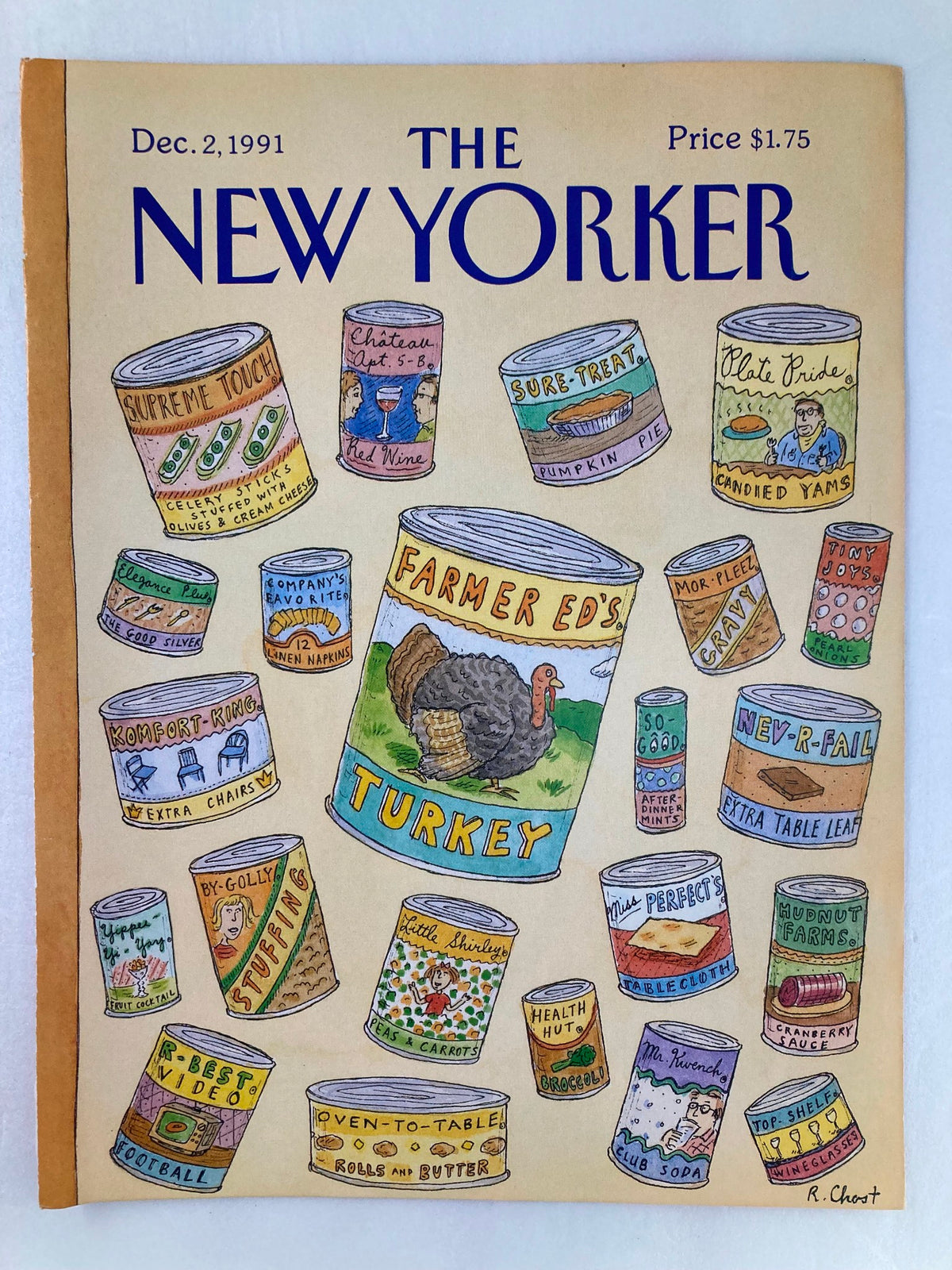 COVER ONLY The New Yorker December 2 1991 Farmer Ed Turkey by R. Chast, displaying a colorful assortment of illustrated canned foods, emphasizing the turkey can and nostalgic holiday elements, perfect for home decor and art lovers.