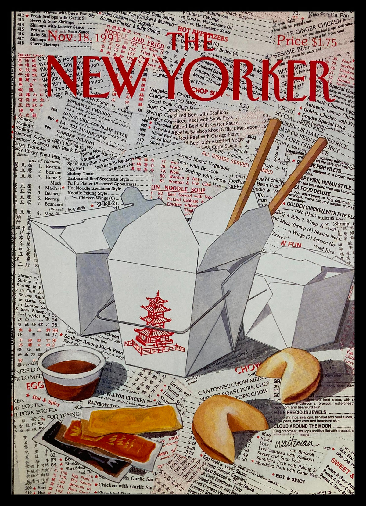Cover of The New Yorker from November 18, 1991 featuring a whimsical illustration of Chinese food takeout boxes, fortune cookies, and a soy sauce cup by artist Waitzman. This minimalist design reflects the artistic charm of vintage magazine art.