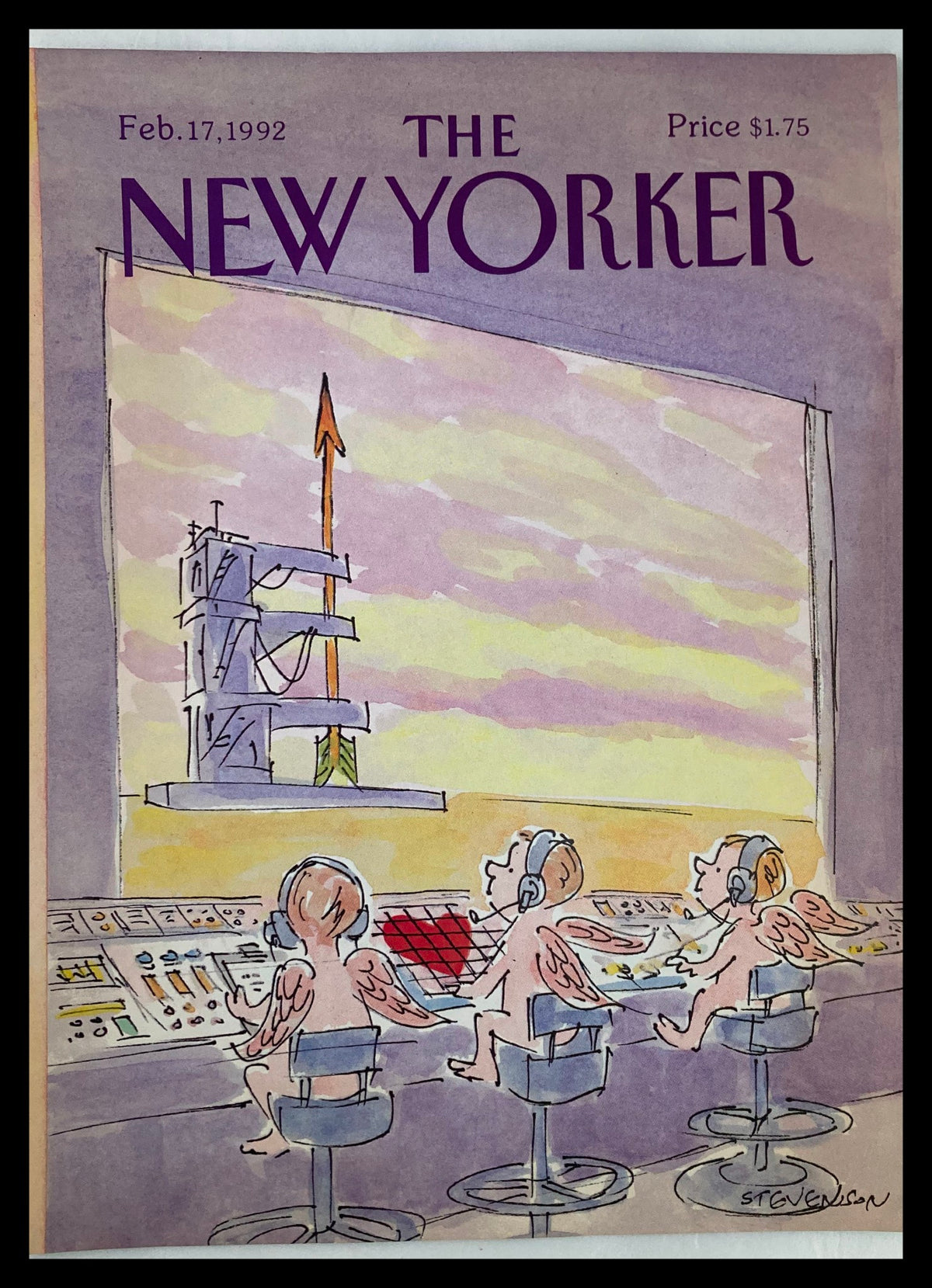 Cover of The New Yorker dated February 17, 1992, titled 'Cupid Launch' by Stevenson, featuring cherubs at a control panel with a launch site in the background.