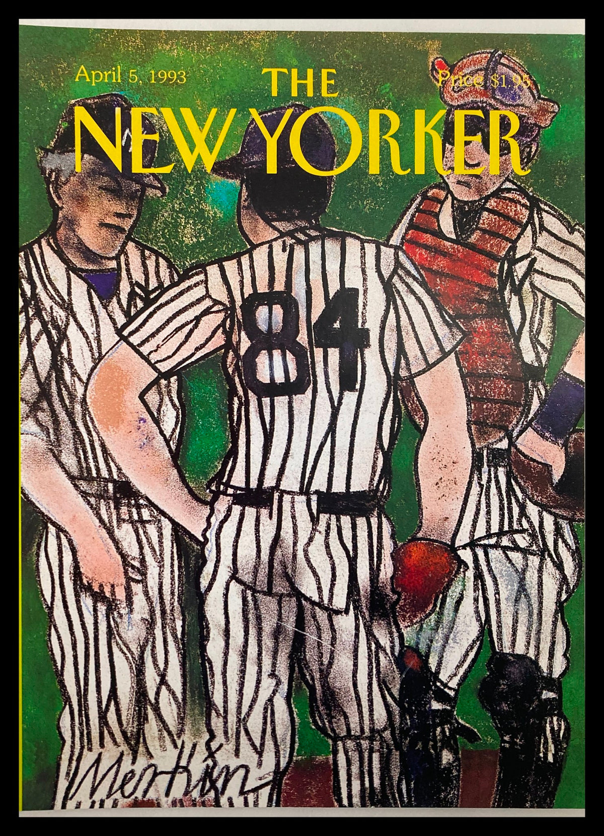 Cover of The New Yorker magazine from April 5, 1993, featuring an illustration of baseball players in pinstriped uniforms, depicting a moment in sports history by artist Richard Merkin, no label included.