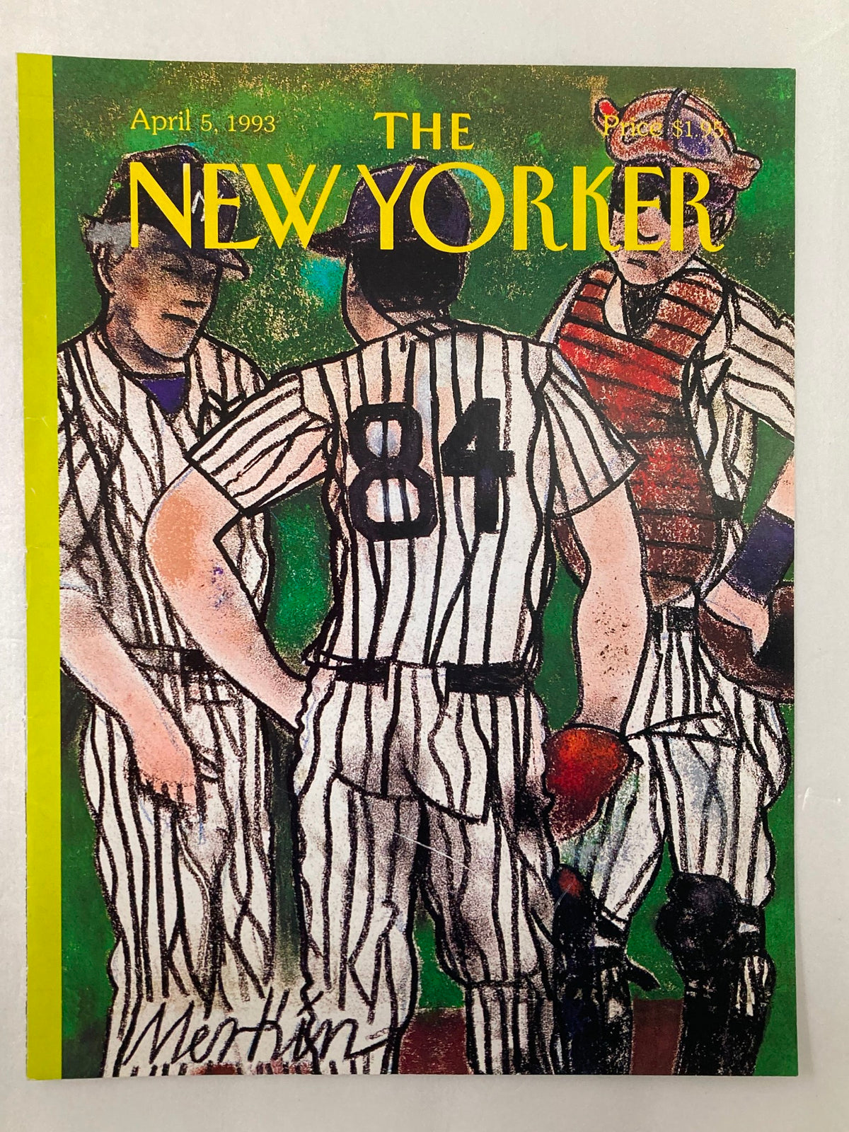 Cover only of The New Yorker, April 5, 1993, featuring an illustration by Richard Merkin of baseball players in striped uniforms.