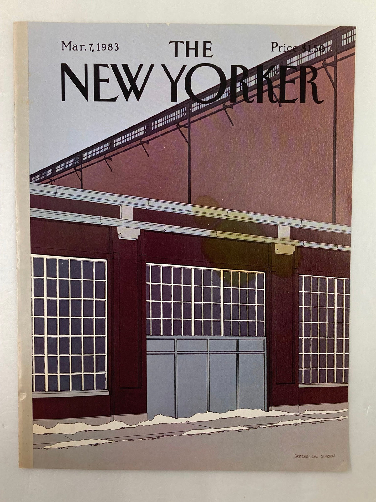 COVER ONLY The New Yorker March 7 1983, showing a Barn Door illustration by Gretchen Simpson, highlighting an architectural view with snow and vintage style.