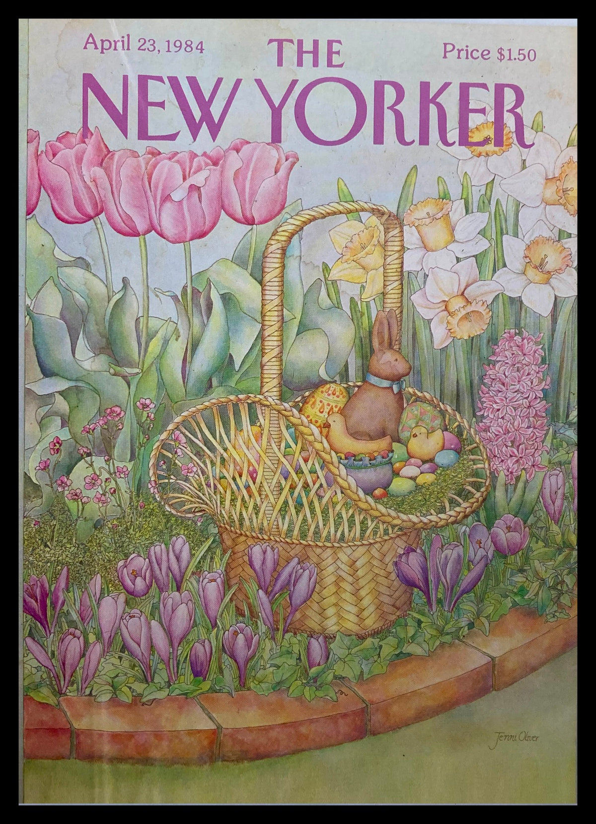 Cover of The New Yorker, April 23, 1984, featuring an Easter Bunny by Jenni Oliver, with a decorative basket filled with Easter eggs, colorful flowers, and spring blooms.