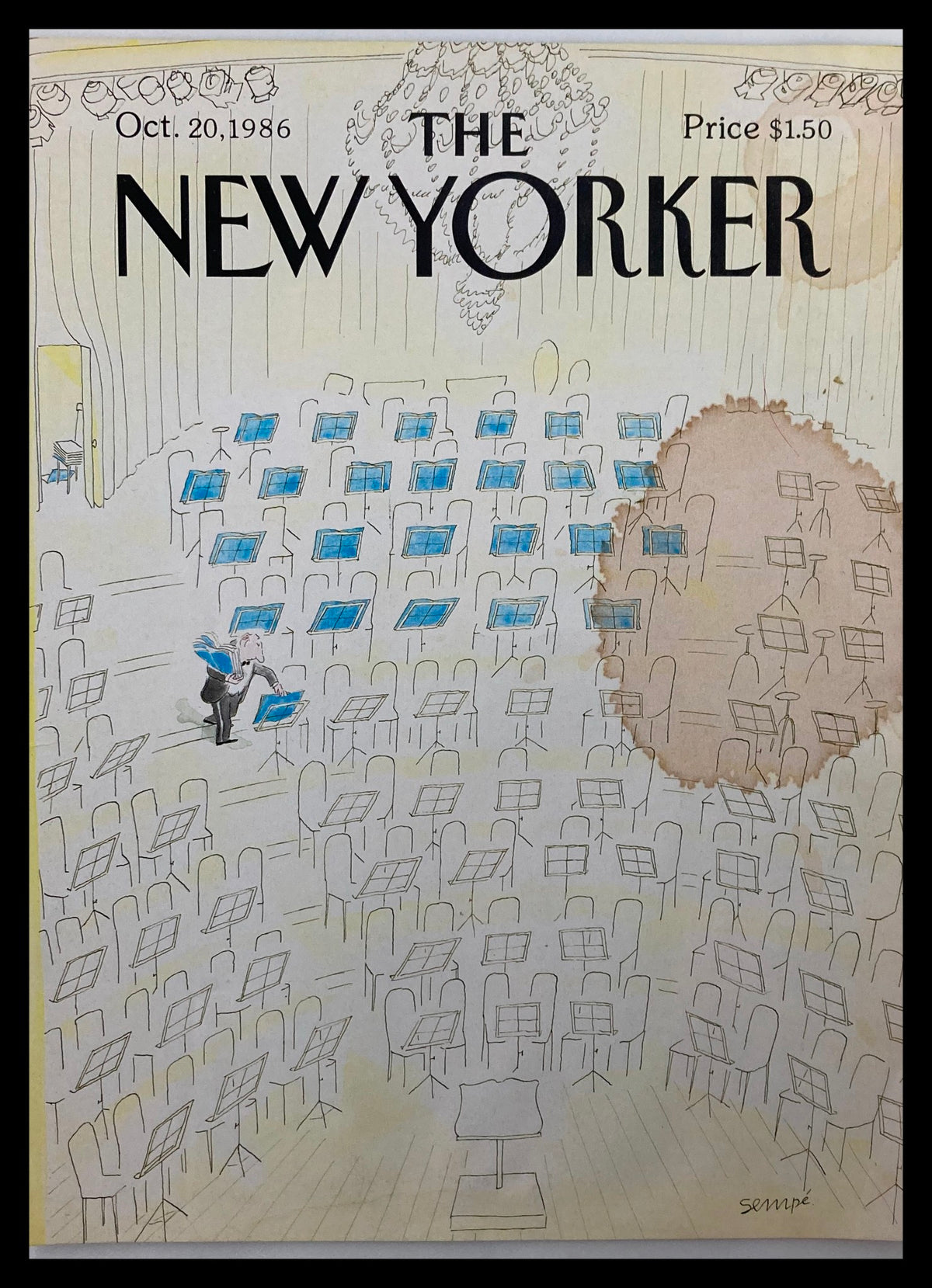 Cover of The New Yorker October 20 1986 titled 'Starting Now' by J. J. Sempé, featuring a whimsical scene of a concert hall with empty music stands and an individual preparing music sheets.
