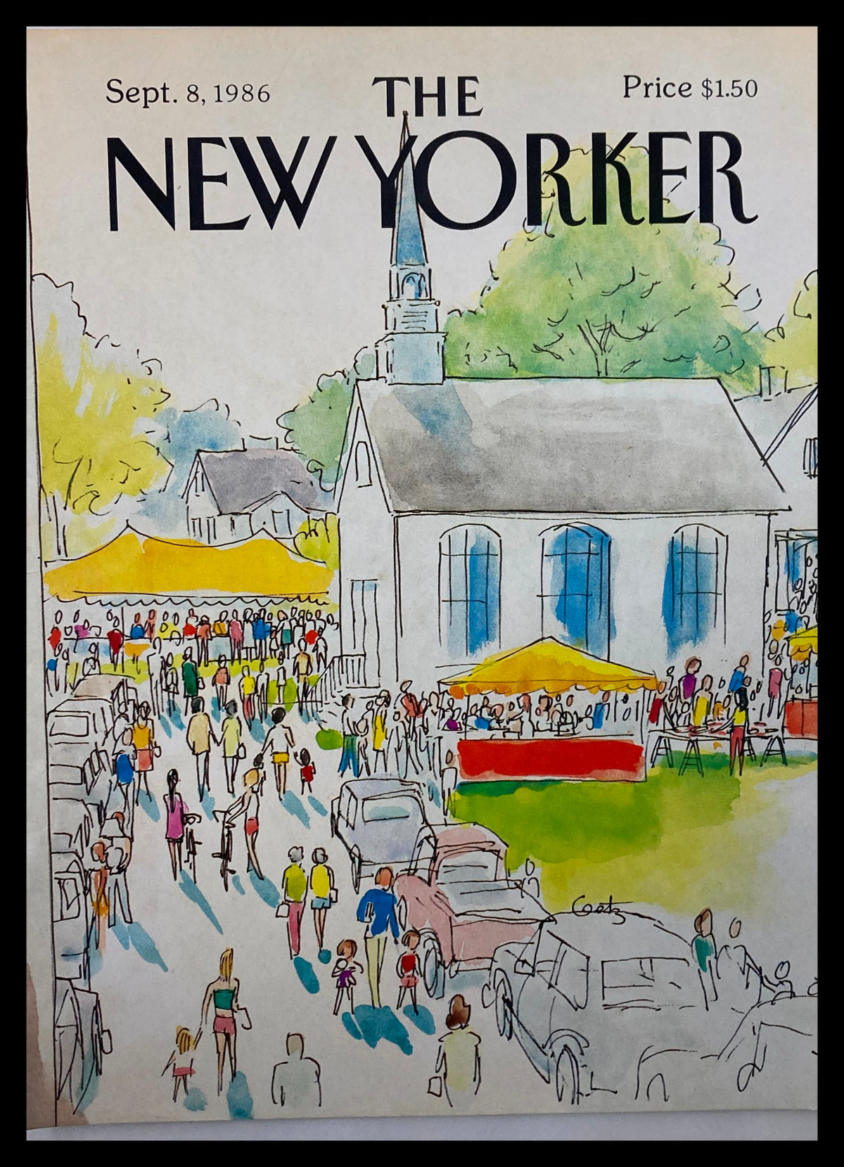 Cover of The New Yorker dated September 8, 1986, titled 'Church Time' by Arthur Getz, featuring a vibrant illustration of a church event with crowds and stalls.